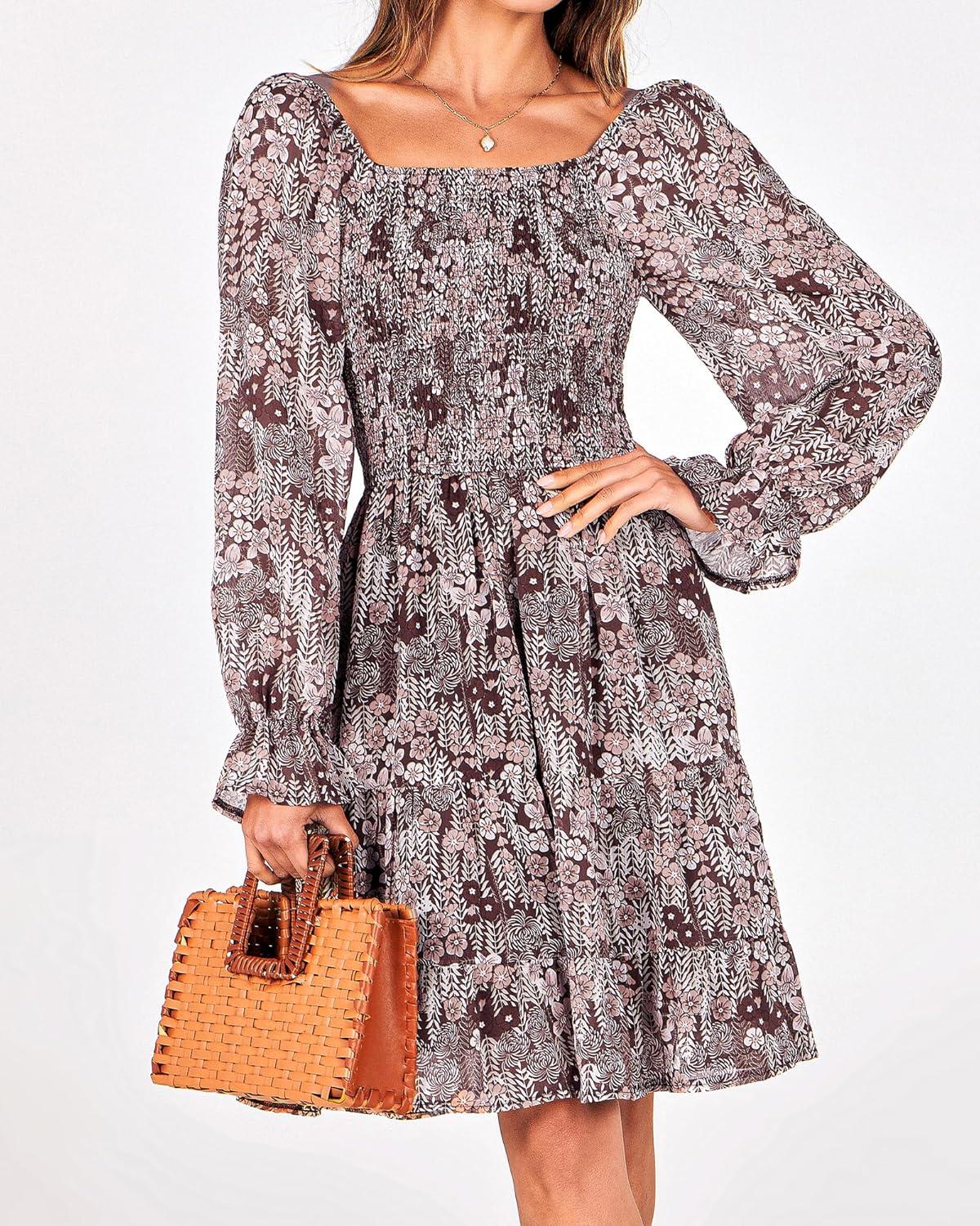 imageBTFBM Women Square Neck Smocked Dresses 2025 Summer Spring Long Sleeve Floral Swiss Dot Mini Boho Wedding Guest DressPrint Flower Brown