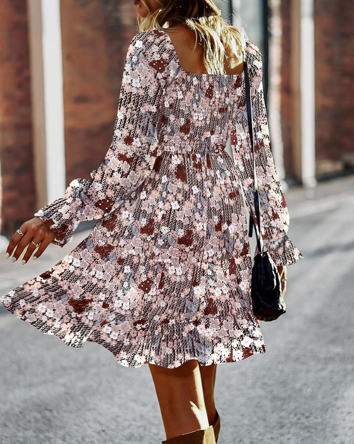 imageBTFBM Women Square Neck Smocked Dresses 2025 Summer Spring Long Sleeve Floral Swiss Dot Mini Boho Wedding Guest DressPrint Flower Brown