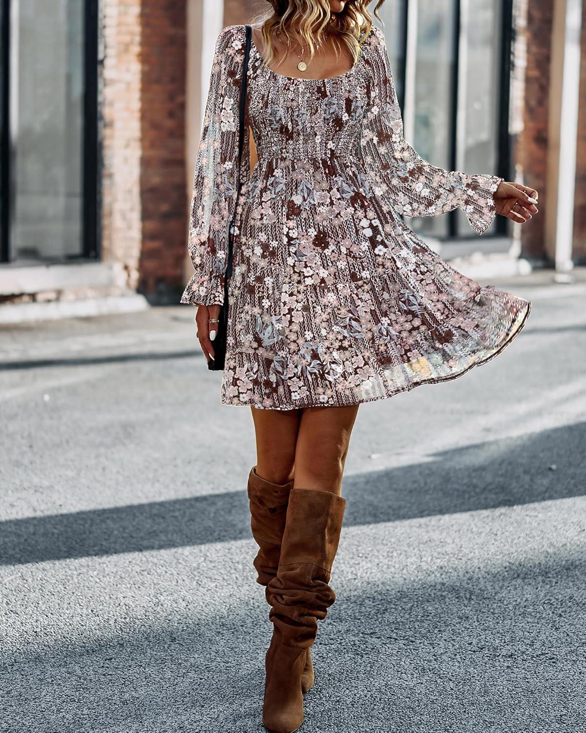 imageBTFBM Women Square Neck Smocked Dresses 2025 Summer Spring Long Sleeve Floral Swiss Dot Mini Boho Wedding Guest DressPrint Flower Brown