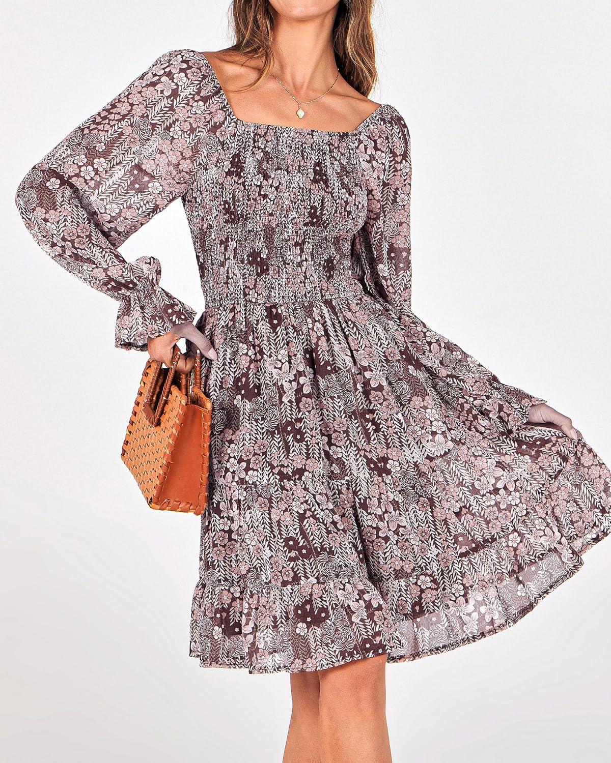 imageBTFBM Women Square Neck Smocked Dresses 2025 Summer Spring Long Sleeve Floral Swiss Dot Mini Boho Wedding Guest DressPrint Flower Brown