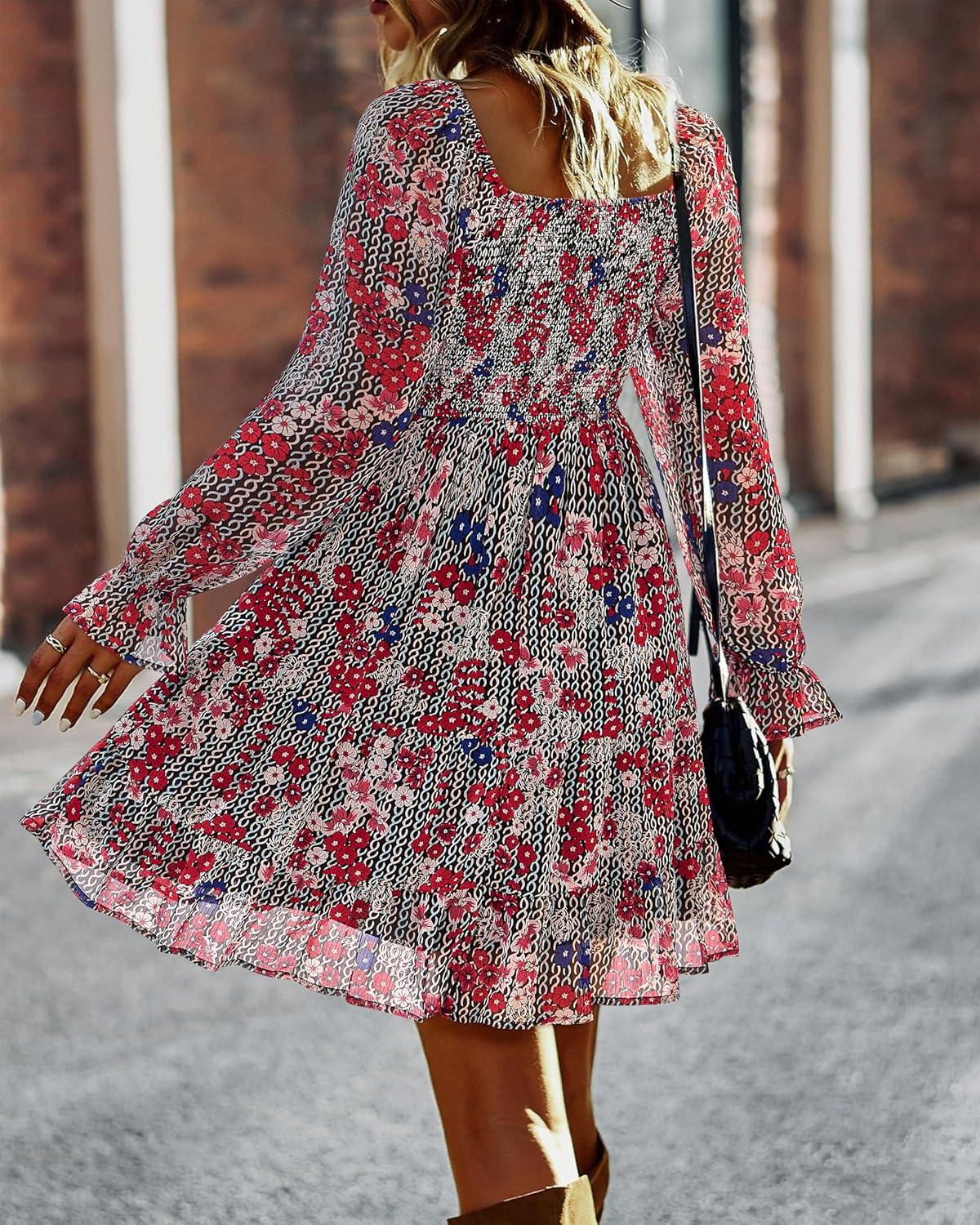 imageBTFBM Women Square Neck Smocked Dresses 2025 Summer Spring Long Sleeve Floral Swiss Dot Mini Boho Wedding Guest DressPrint Flower Red