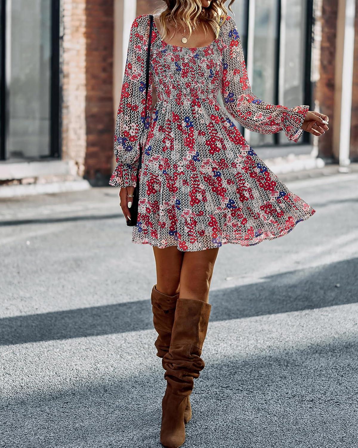 imageBTFBM Women Square Neck Smocked Dresses 2025 Summer Spring Long Sleeve Floral Swiss Dot Mini Boho Wedding Guest DressPrint Flower Red