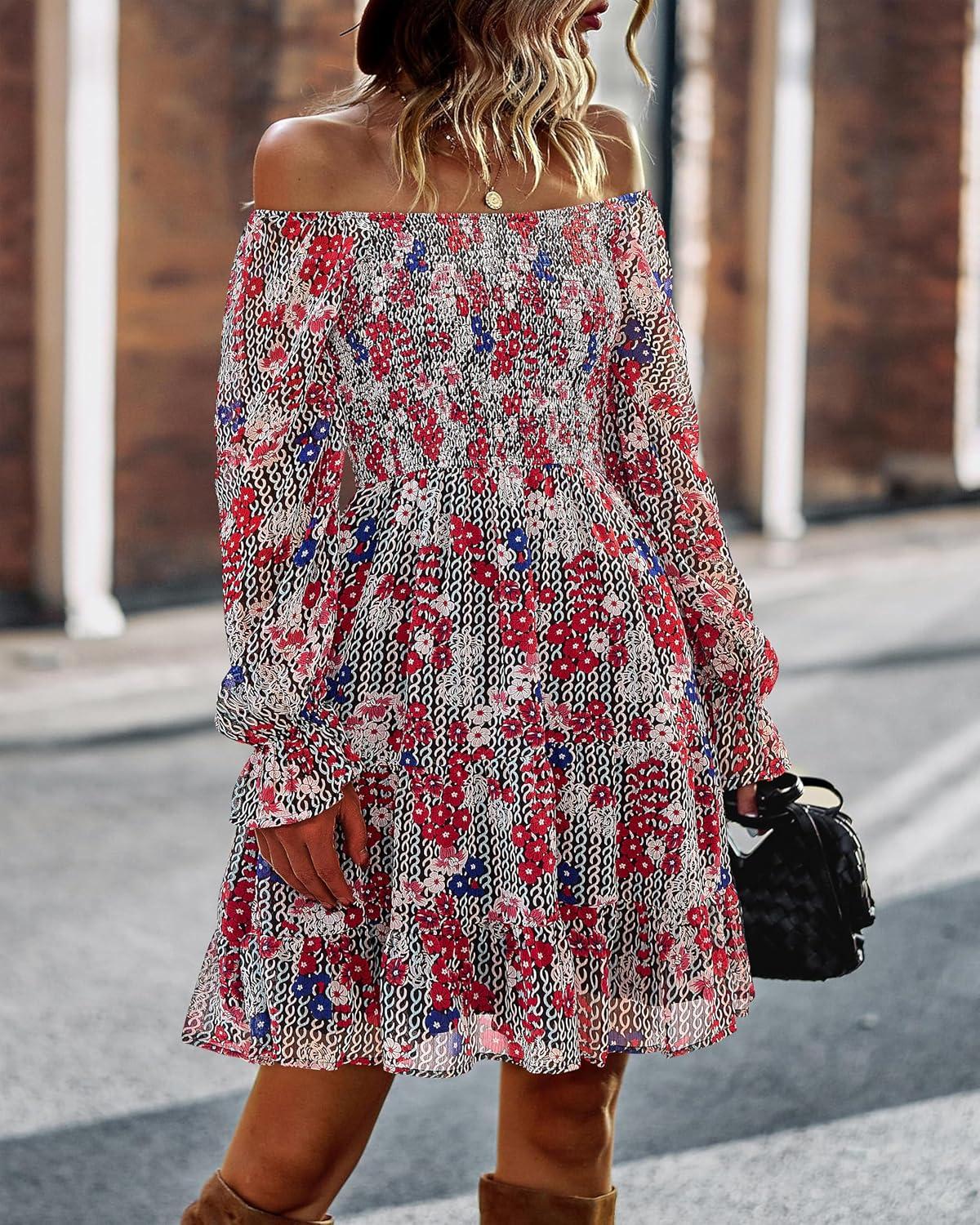 imageBTFBM Women Square Neck Smocked Dresses 2025 Summer Spring Long Sleeve Floral Swiss Dot Mini Boho Wedding Guest DressPrint Flower Red