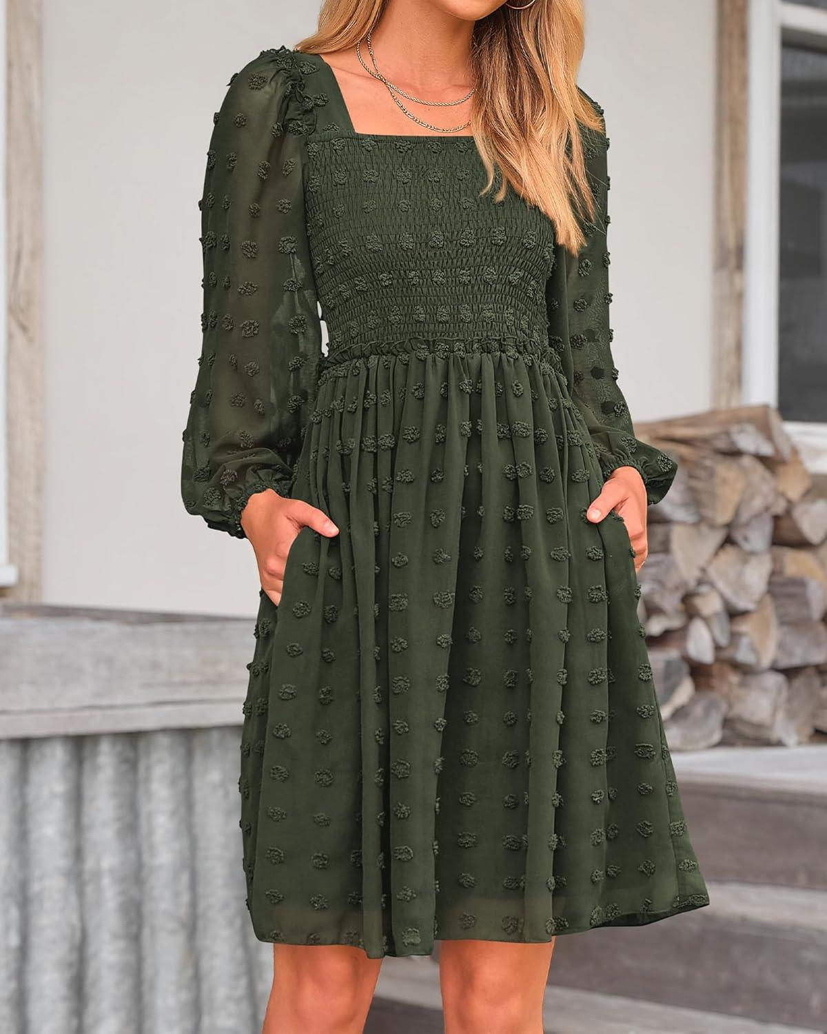 imageBTFBM Women Square Neck Smocked Dresses 2025 Summer Spring Long Sleeve Floral Swiss Dot Mini Boho Wedding Guest DressSwiss Dot Army Green