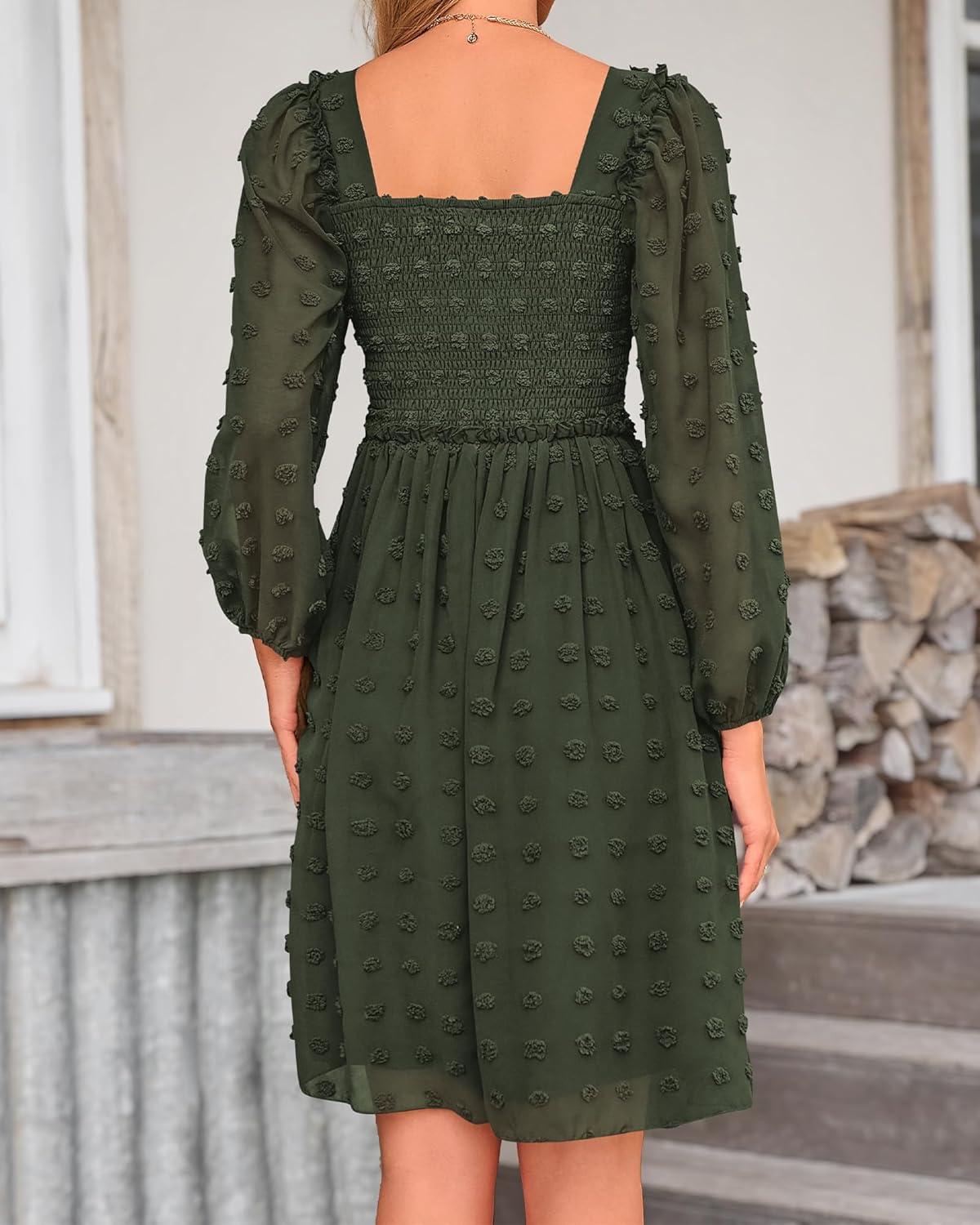 imageBTFBM Women Square Neck Smocked Dresses 2025 Summer Spring Long Sleeve Floral Swiss Dot Mini Boho Wedding Guest DressSwiss Dot Army Green