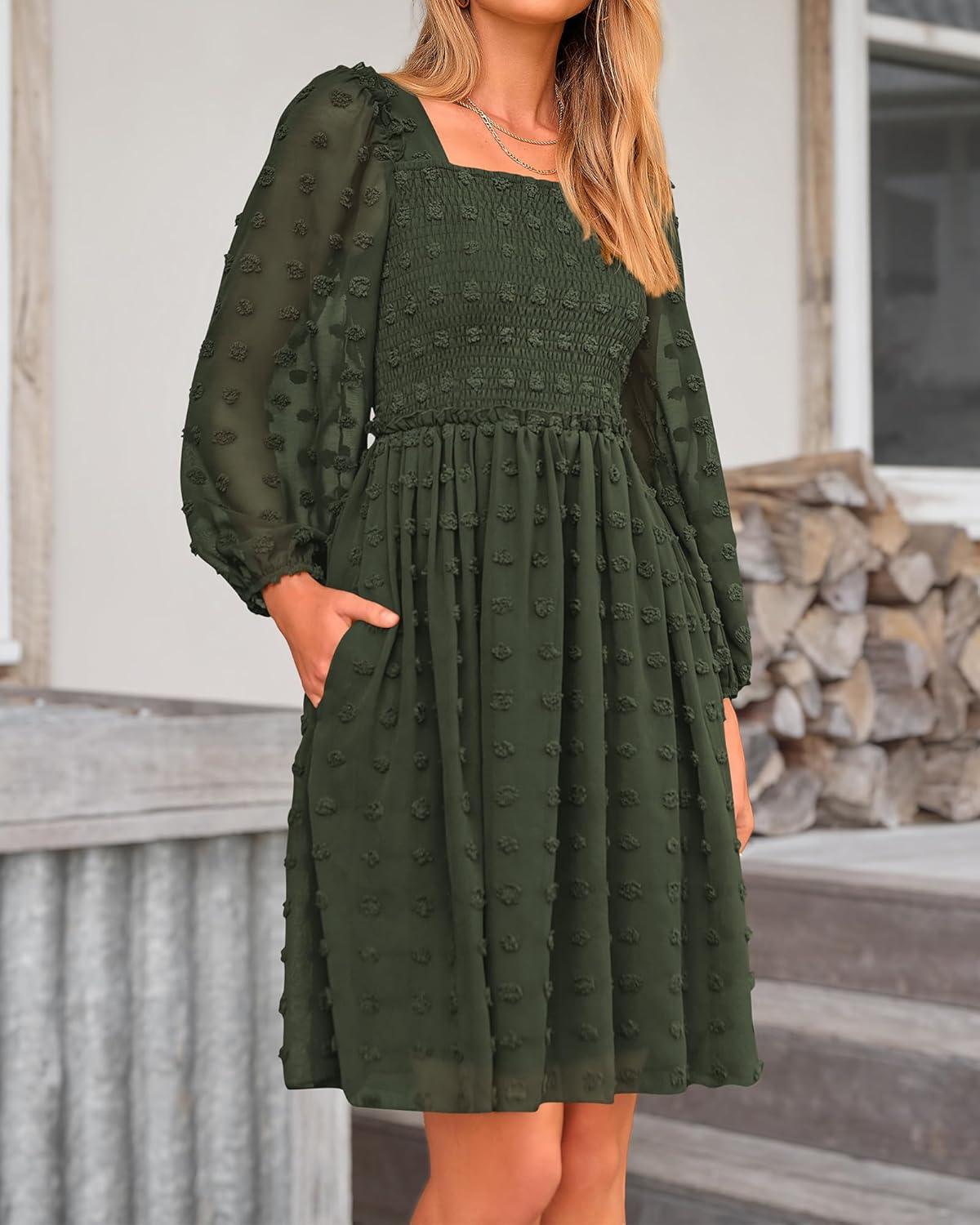 imageBTFBM Women Square Neck Smocked Dresses 2025 Summer Spring Long Sleeve Floral Swiss Dot Mini Boho Wedding Guest DressSwiss Dot Army Green