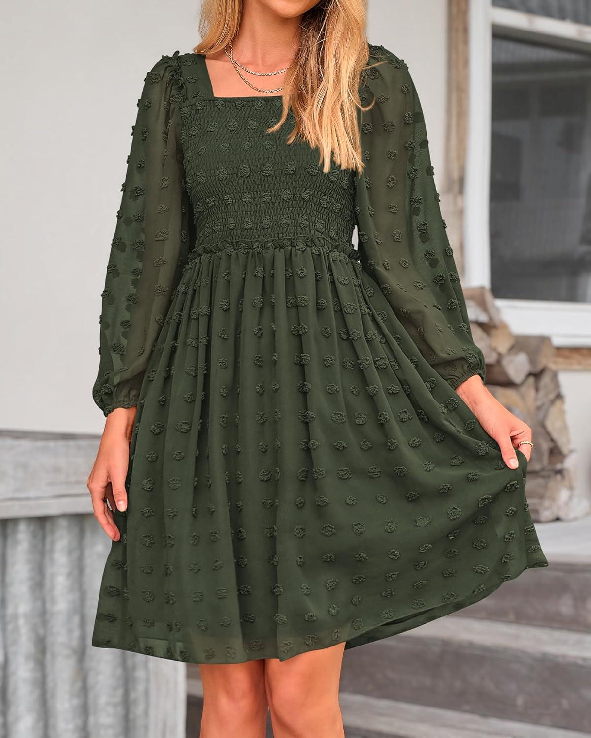 imageBTFBM Women Square Neck Smocked Dresses 2025 Summer Spring Long Sleeve Floral Swiss Dot Mini Boho Wedding Guest DressSwiss Dot Army Green