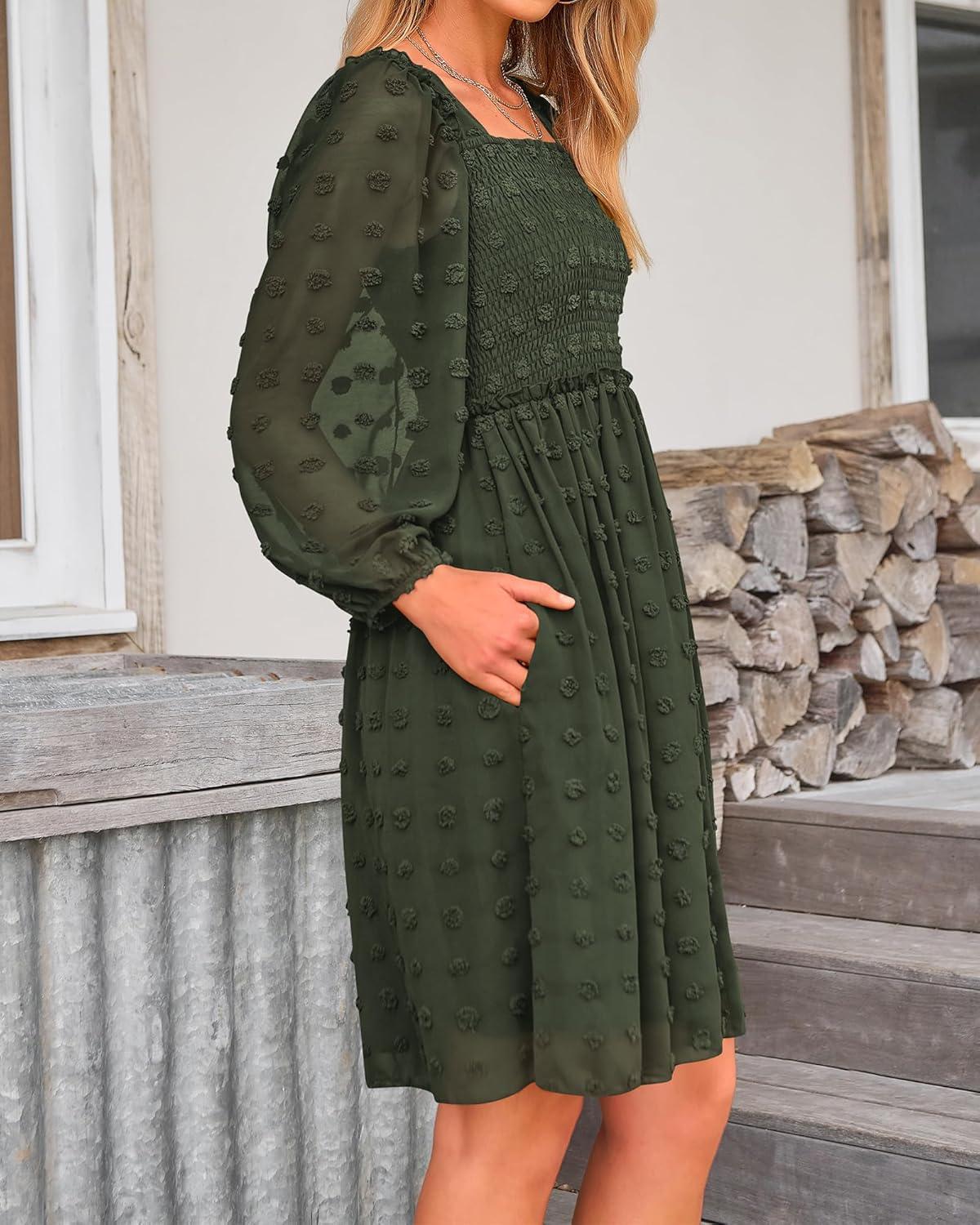 imageBTFBM Women Square Neck Smocked Dresses 2025 Summer Spring Long Sleeve Floral Swiss Dot Mini Boho Wedding Guest DressSwiss Dot Army Green