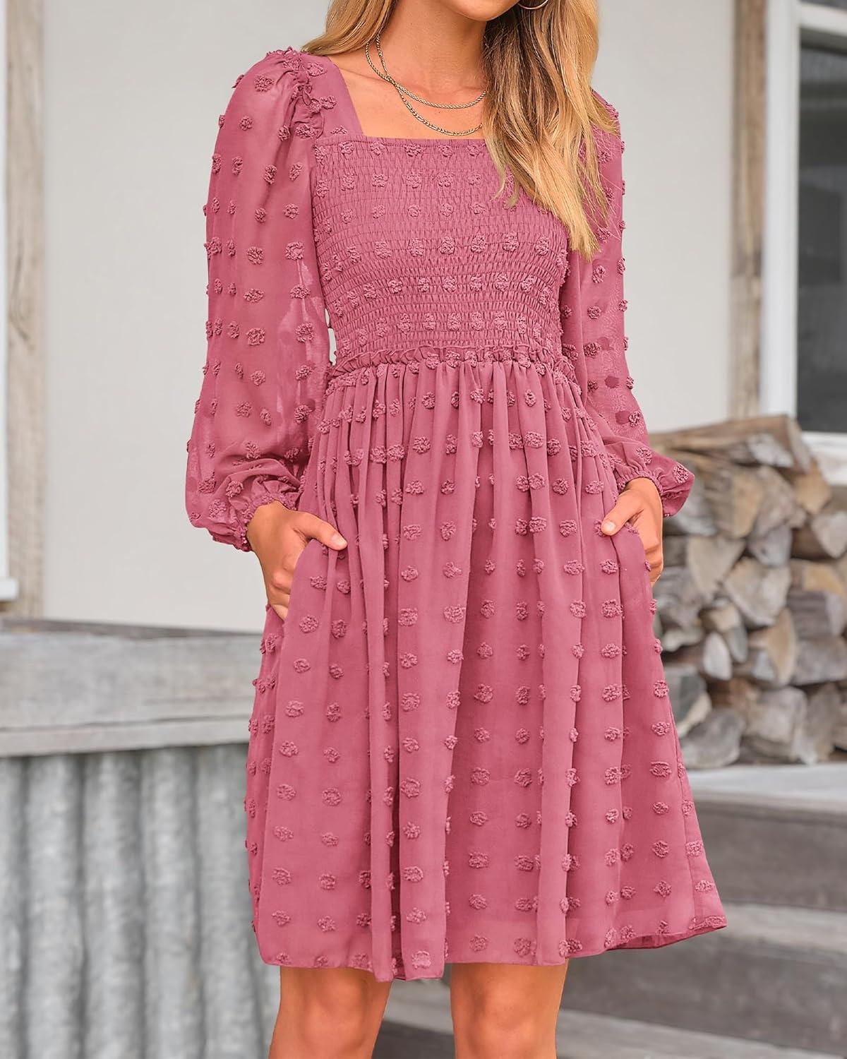 imageBTFBM Women Square Neck Smocked Dresses 2025 Summer Spring Long Sleeve Floral Swiss Dot Mini Boho Wedding Guest DressSwiss Dot Bean Paste Red