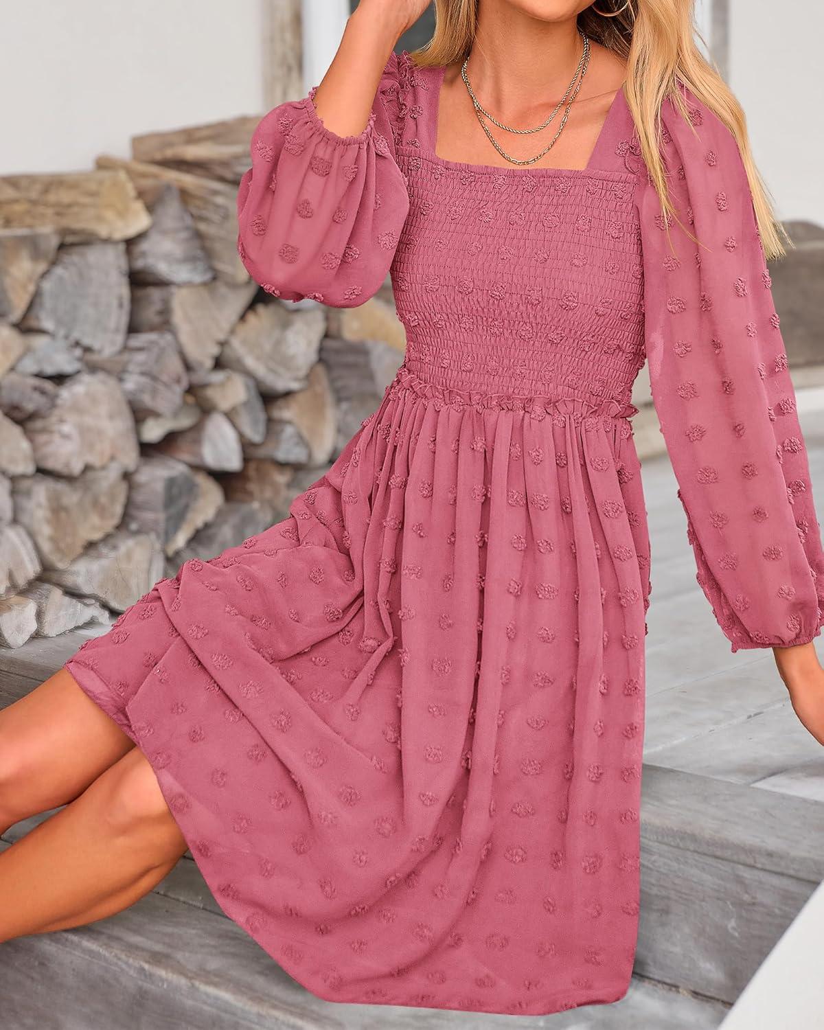 imageBTFBM Women Square Neck Smocked Dresses 2025 Summer Spring Long Sleeve Floral Swiss Dot Mini Boho Wedding Guest DressSwiss Dot Bean Paste Red