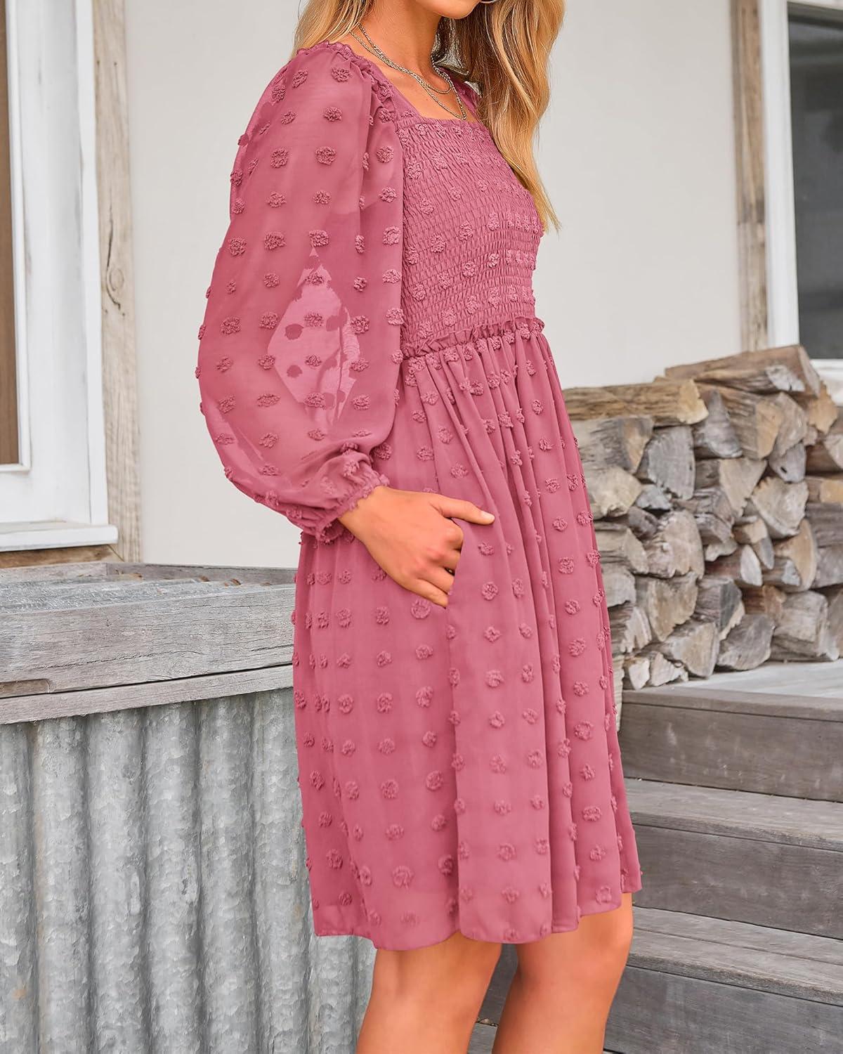 imageBTFBM Women Square Neck Smocked Dresses 2025 Summer Spring Long Sleeve Floral Swiss Dot Mini Boho Wedding Guest DressSwiss Dot Bean Paste Red
