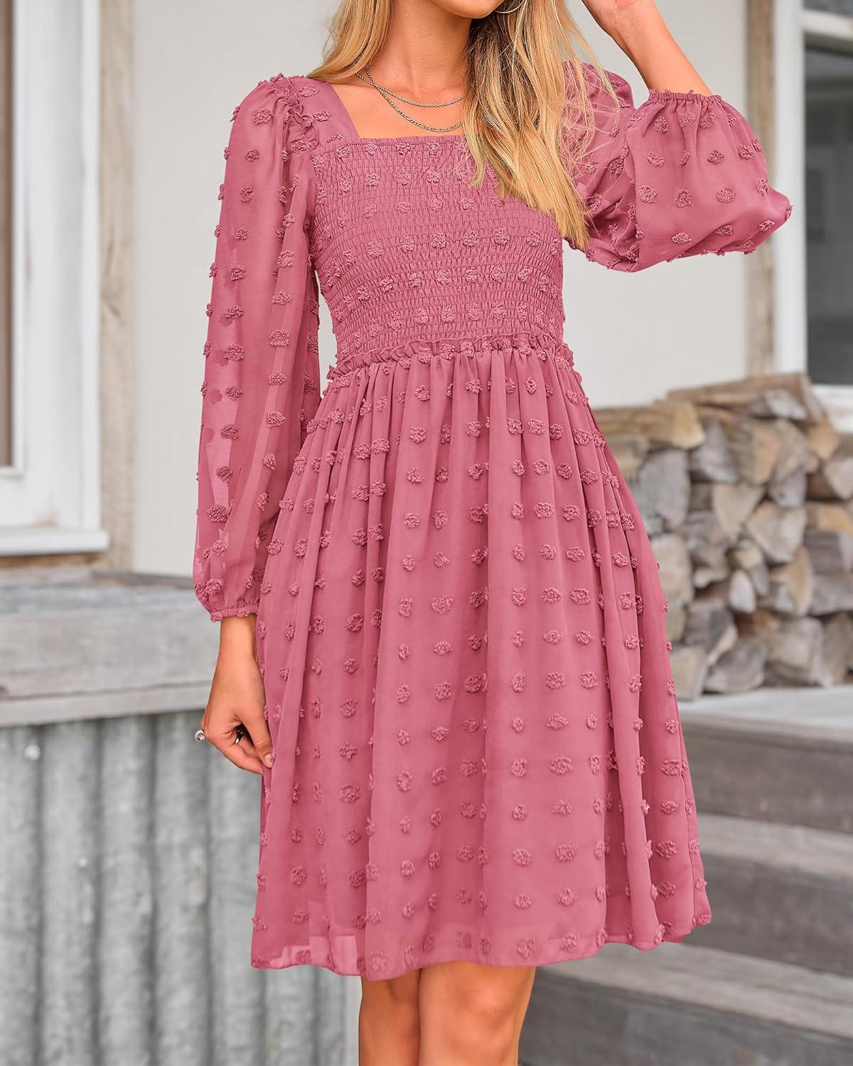 imageBTFBM Women Square Neck Smocked Dresses 2025 Summer Spring Long Sleeve Floral Swiss Dot Mini Boho Wedding Guest DressSwiss Dot Bean Paste Red