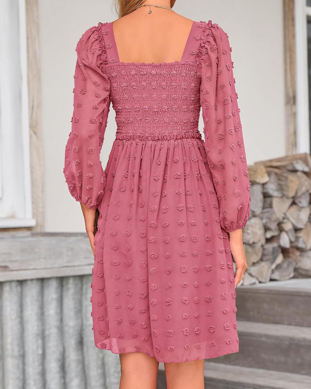 imageBTFBM Women Square Neck Smocked Dresses 2025 Summer Spring Long Sleeve Floral Swiss Dot Mini Boho Wedding Guest DressSwiss Dot Bean Paste Red