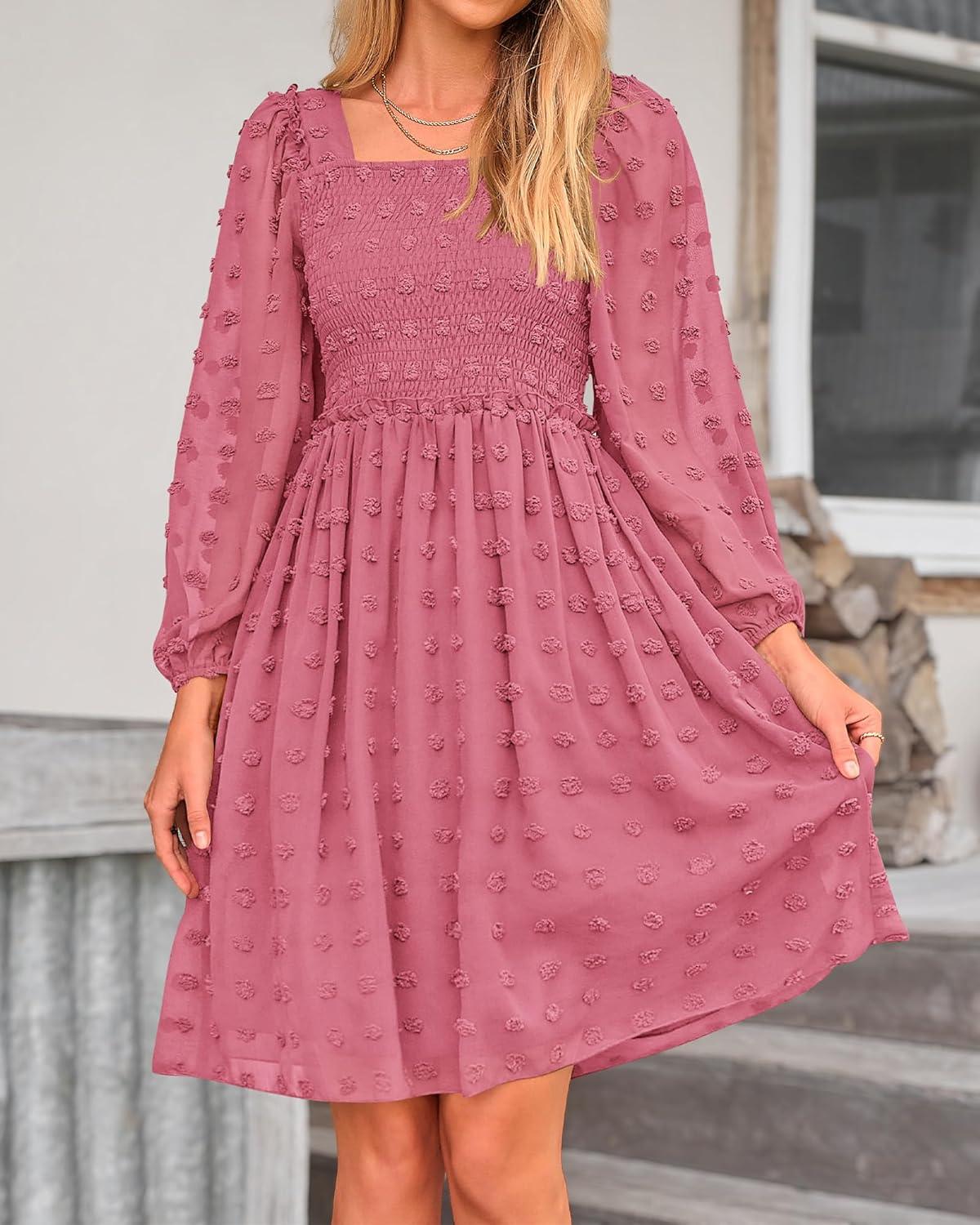 imageBTFBM Women Square Neck Smocked Dresses 2025 Summer Spring Long Sleeve Floral Swiss Dot Mini Boho Wedding Guest DressSwiss Dot Bean Paste Red