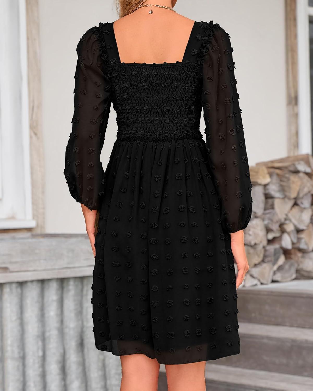 imageBTFBM Women Square Neck Smocked Dresses 2025 Summer Spring Long Sleeve Floral Swiss Dot Mini Boho Wedding Guest DressSwiss Dot Black