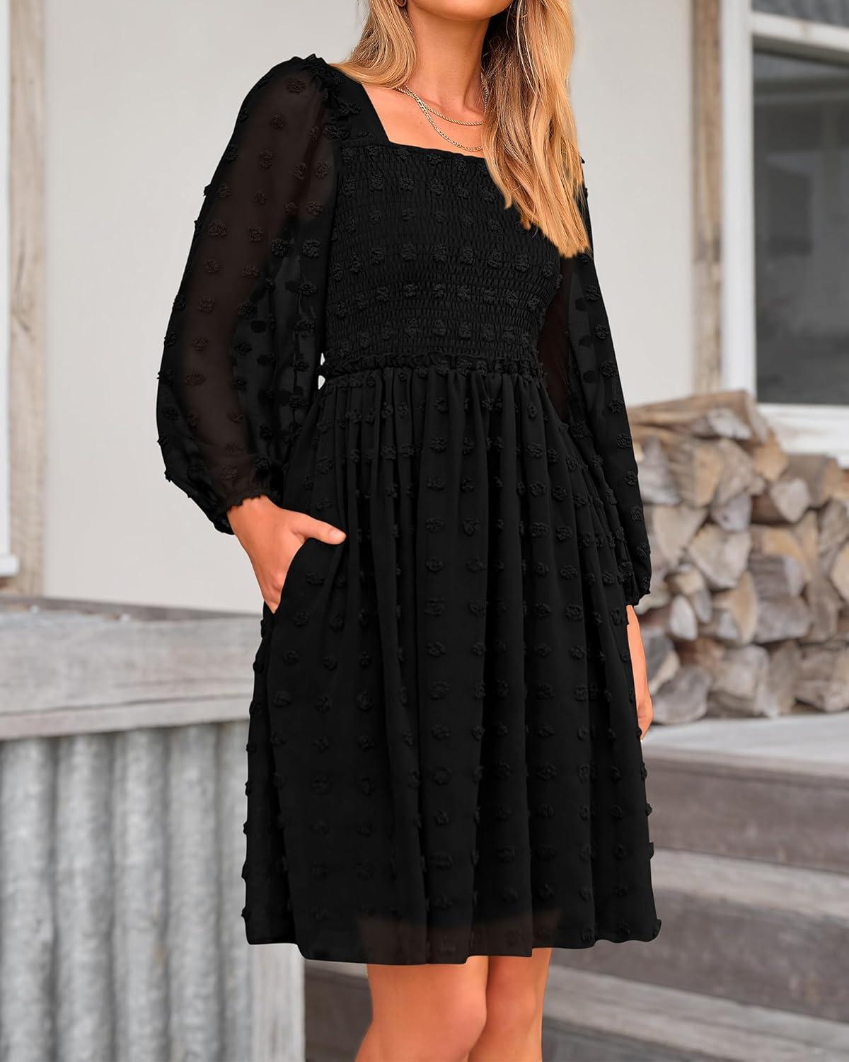 imageBTFBM Women Square Neck Smocked Dresses 2025 Summer Spring Long Sleeve Floral Swiss Dot Mini Boho Wedding Guest DressSwiss Dot Black