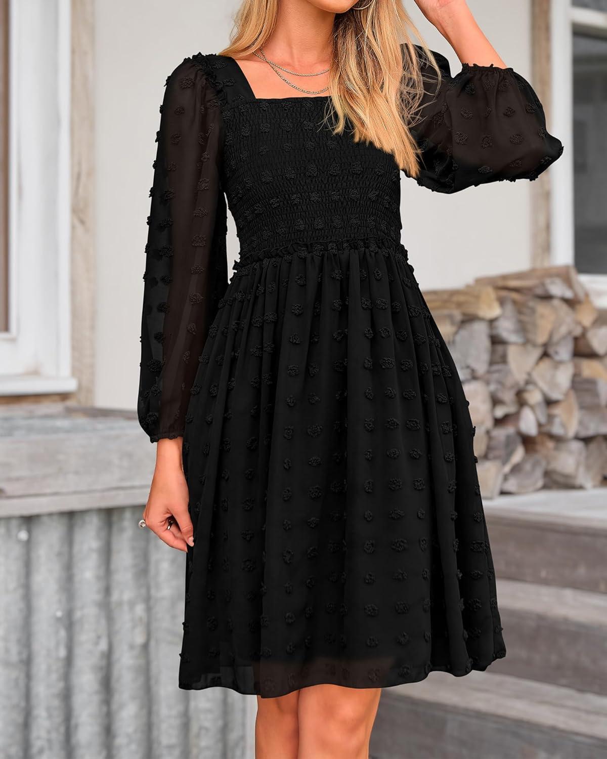 imageBTFBM Women Square Neck Smocked Dresses 2025 Summer Spring Long Sleeve Floral Swiss Dot Mini Boho Wedding Guest DressSwiss Dot Black