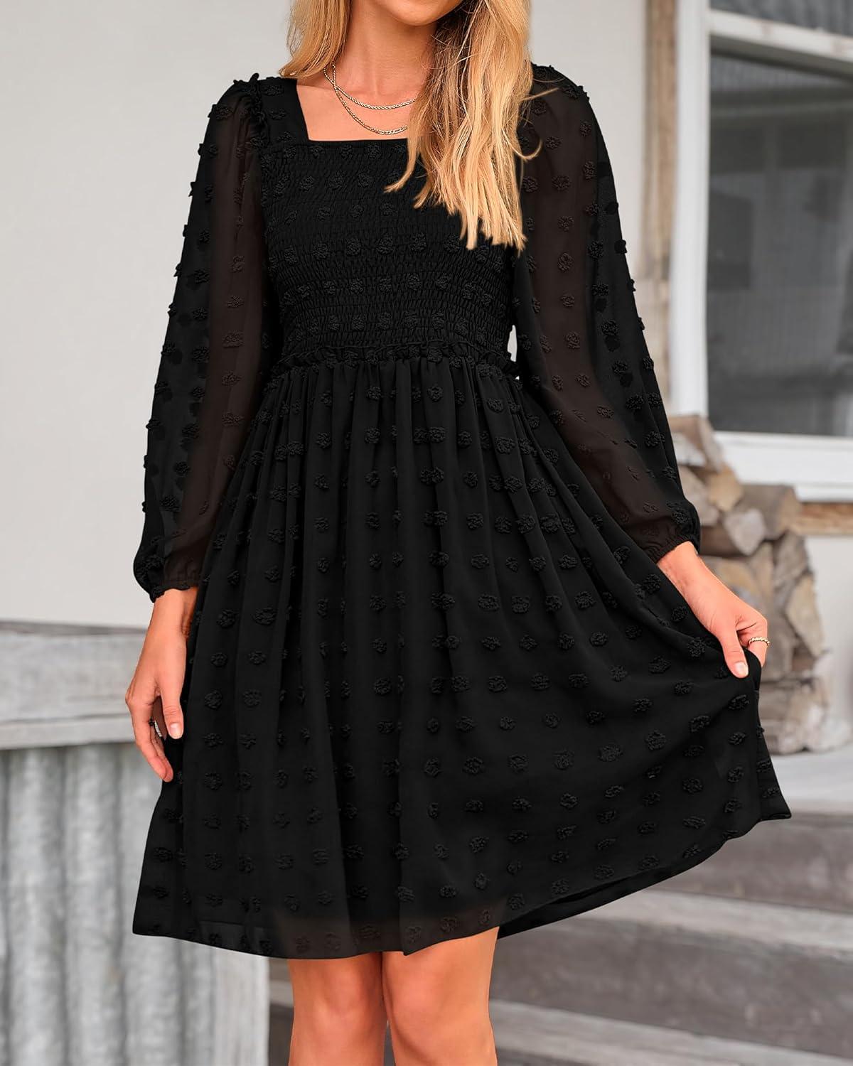 imageBTFBM Women Square Neck Smocked Dresses 2025 Summer Spring Long Sleeve Floral Swiss Dot Mini Boho Wedding Guest DressSwiss Dot Black