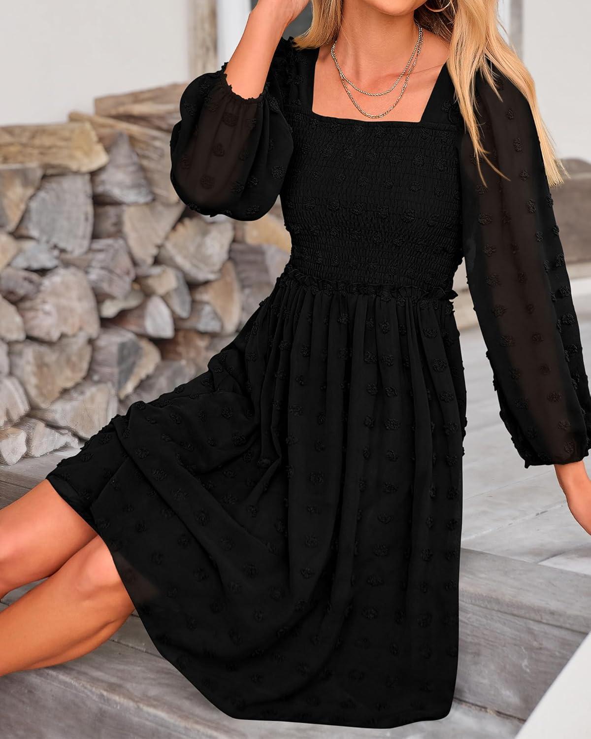 imageBTFBM Women Square Neck Smocked Dresses 2025 Summer Spring Long Sleeve Floral Swiss Dot Mini Boho Wedding Guest DressSwiss Dot Black