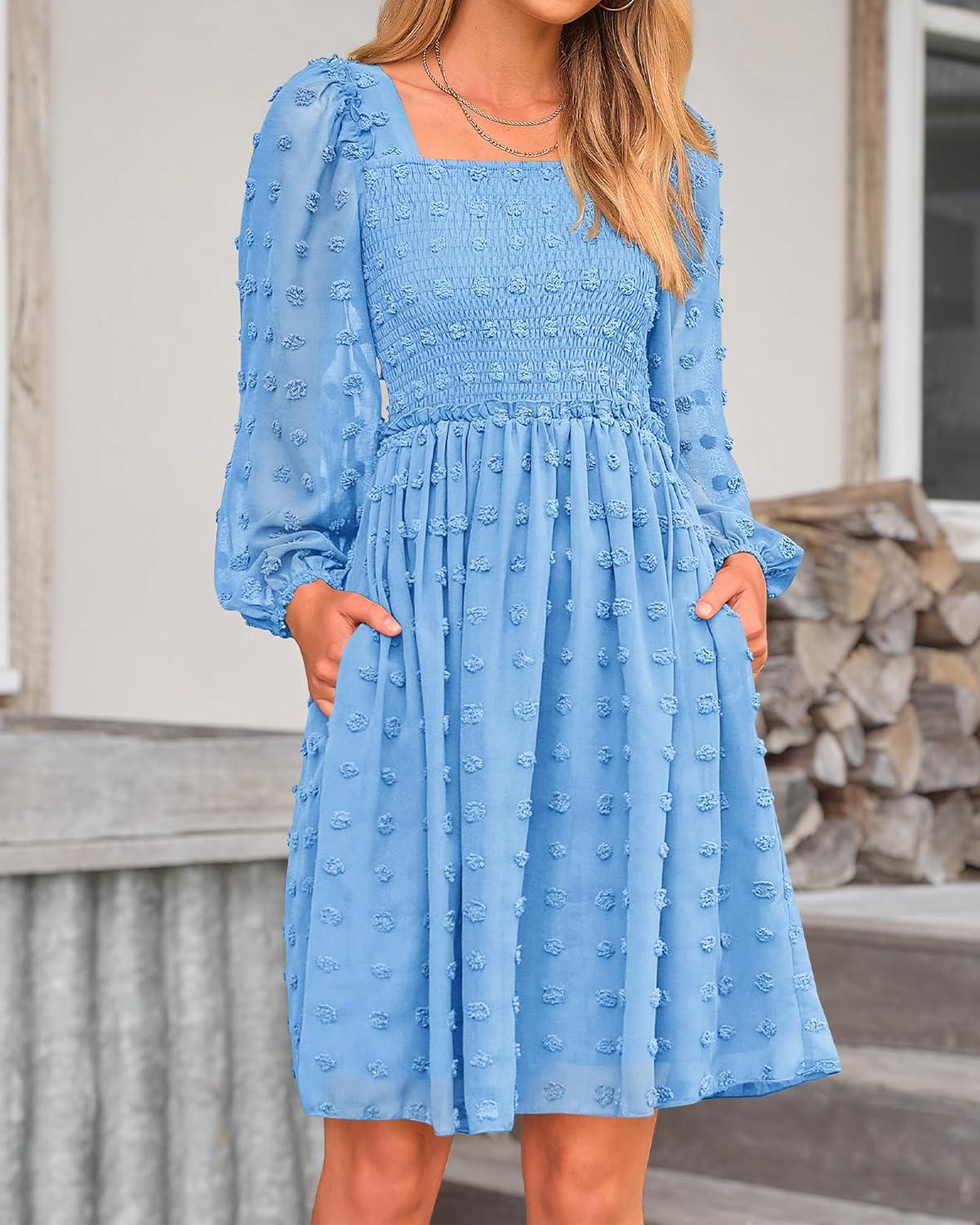 imageBTFBM Women Square Neck Smocked Dresses 2025 Summer Spring Long Sleeve Floral Swiss Dot Mini Boho Wedding Guest DressSwiss Dot Blue