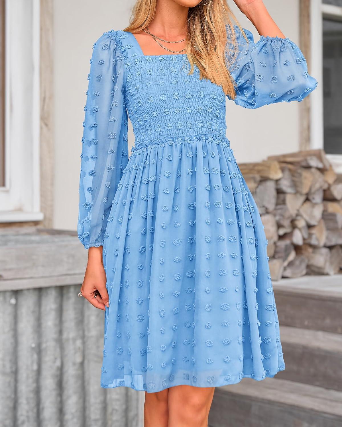 imageBTFBM Women Square Neck Smocked Dresses 2025 Summer Spring Long Sleeve Floral Swiss Dot Mini Boho Wedding Guest DressSwiss Dot Blue