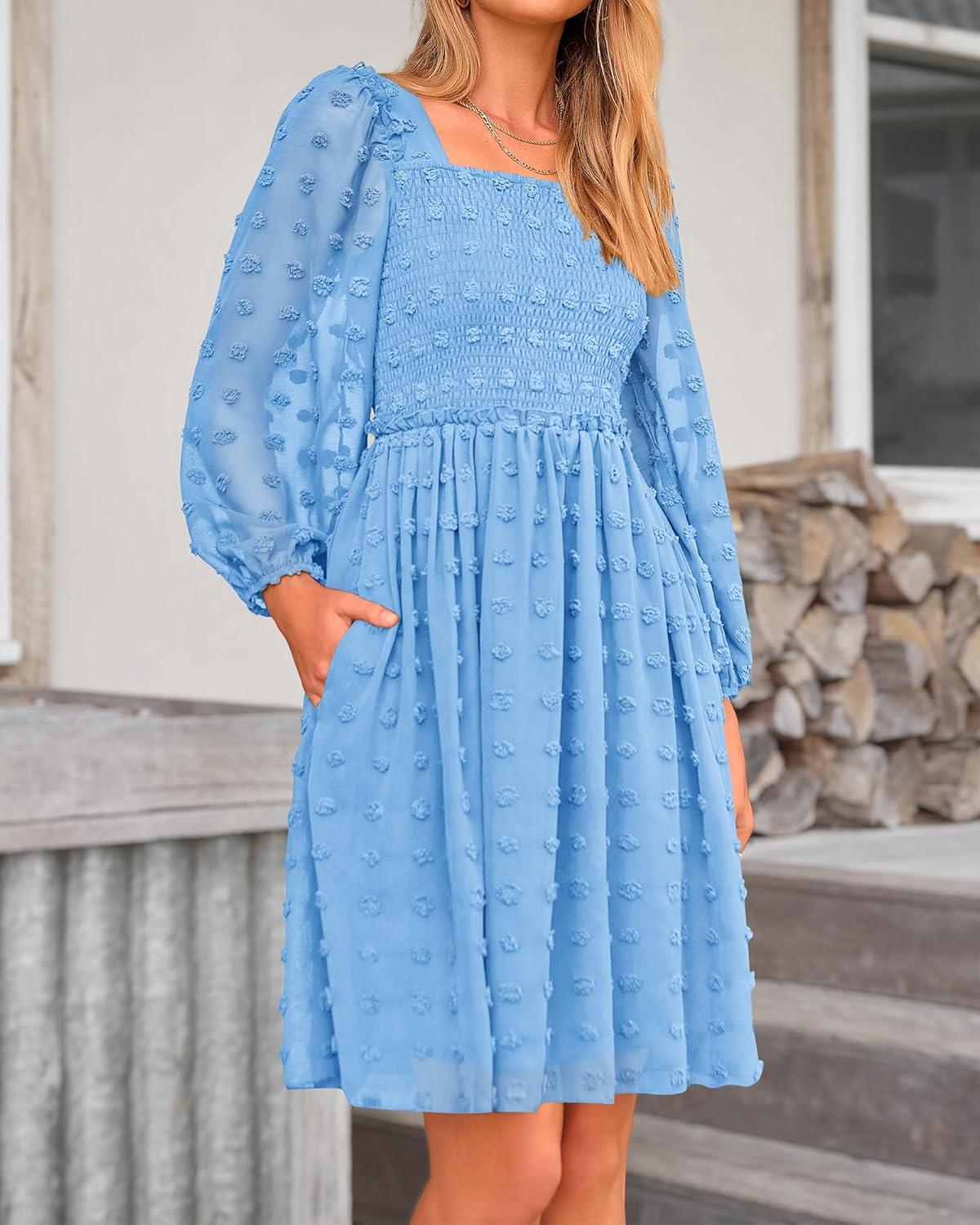 imageBTFBM Women Square Neck Smocked Dresses 2025 Summer Spring Long Sleeve Floral Swiss Dot Mini Boho Wedding Guest DressSwiss Dot Blue