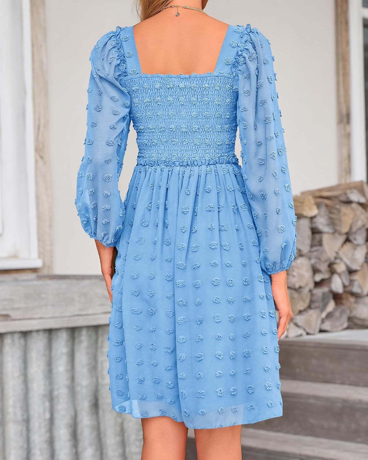 imageBTFBM Women Square Neck Smocked Dresses 2025 Summer Spring Long Sleeve Floral Swiss Dot Mini Boho Wedding Guest DressSwiss Dot Blue