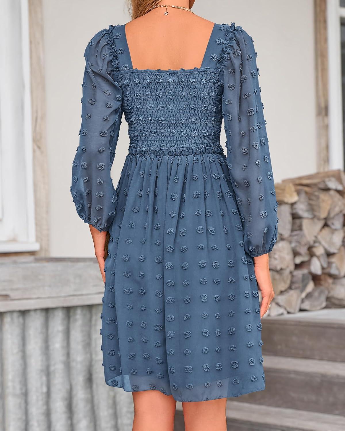 imageBTFBM Women Square Neck Smocked Dresses 2025 Summer Spring Long Sleeve Floral Swiss Dot Mini Boho Wedding Guest DressSwiss Dot Grey Blue