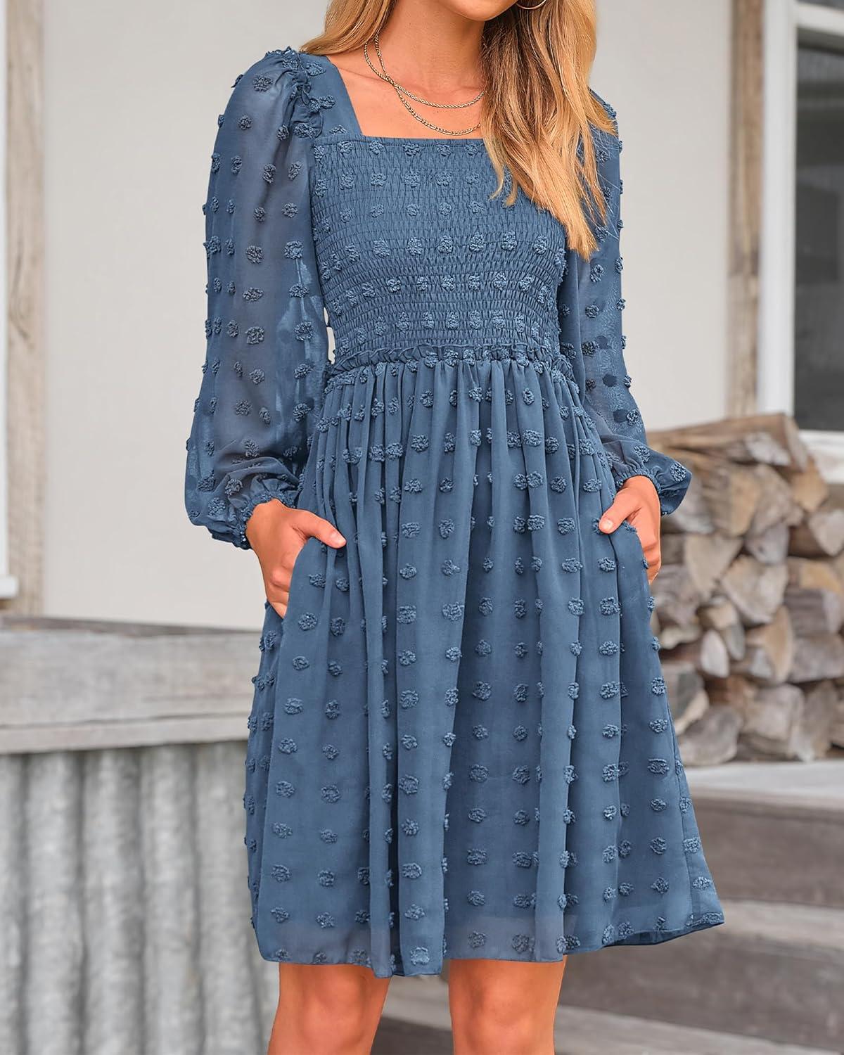 imageBTFBM Women Square Neck Smocked Dresses 2025 Summer Spring Long Sleeve Floral Swiss Dot Mini Boho Wedding Guest DressSwiss Dot Grey Blue