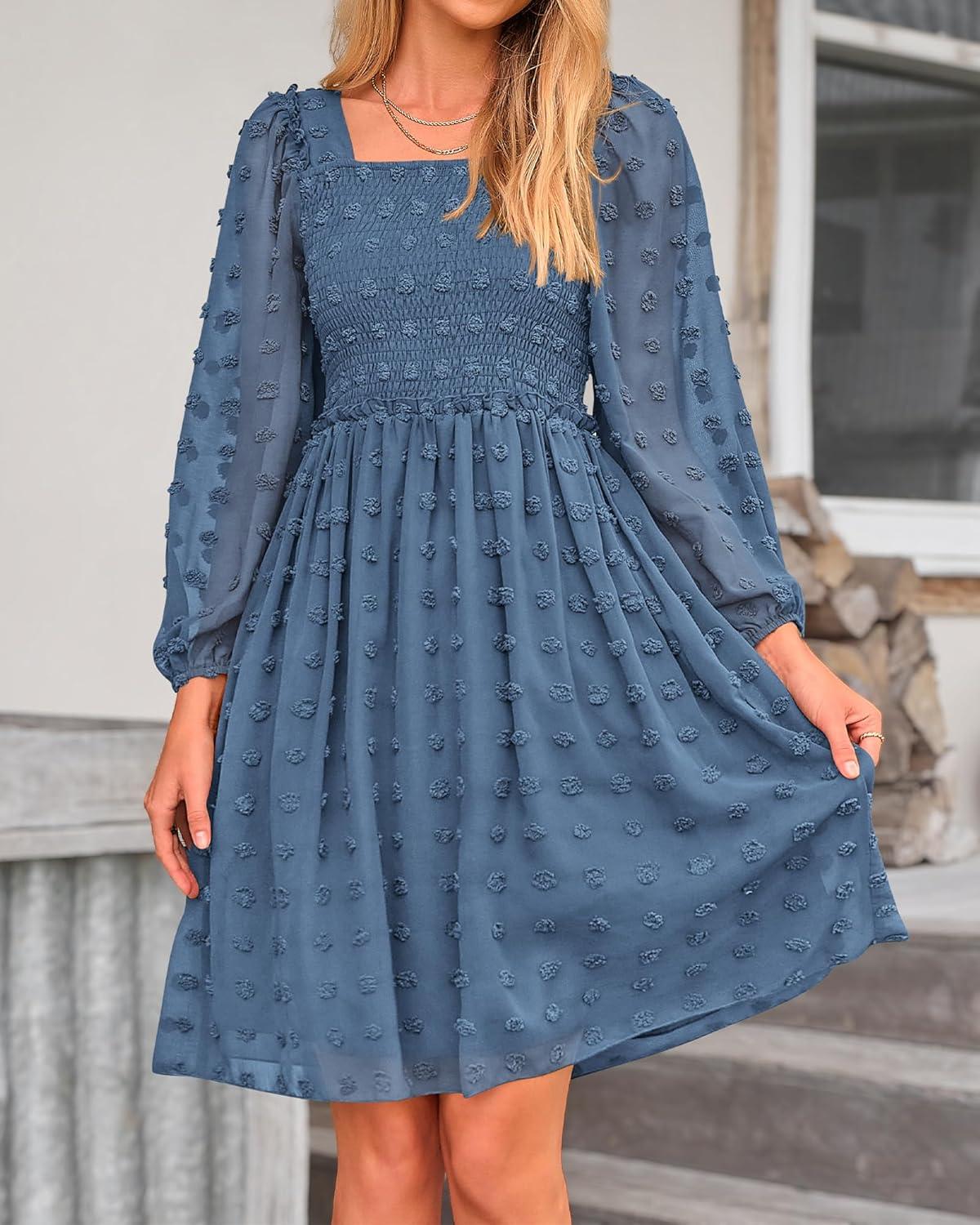 imageBTFBM Women Square Neck Smocked Dresses 2025 Summer Spring Long Sleeve Floral Swiss Dot Mini Boho Wedding Guest DressSwiss Dot Grey Blue