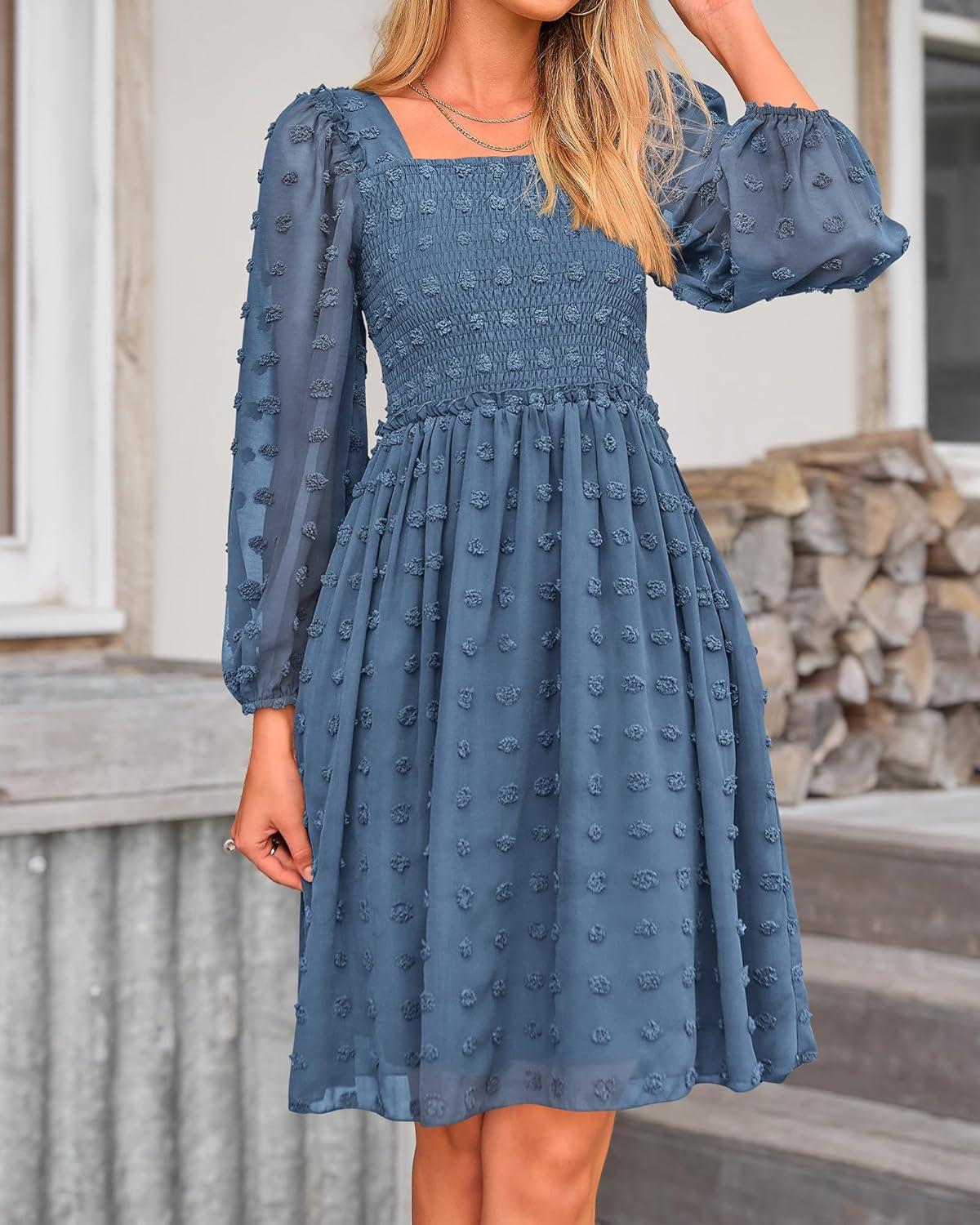 imageBTFBM Women Square Neck Smocked Dresses 2025 Summer Spring Long Sleeve Floral Swiss Dot Mini Boho Wedding Guest DressSwiss Dot Grey Blue