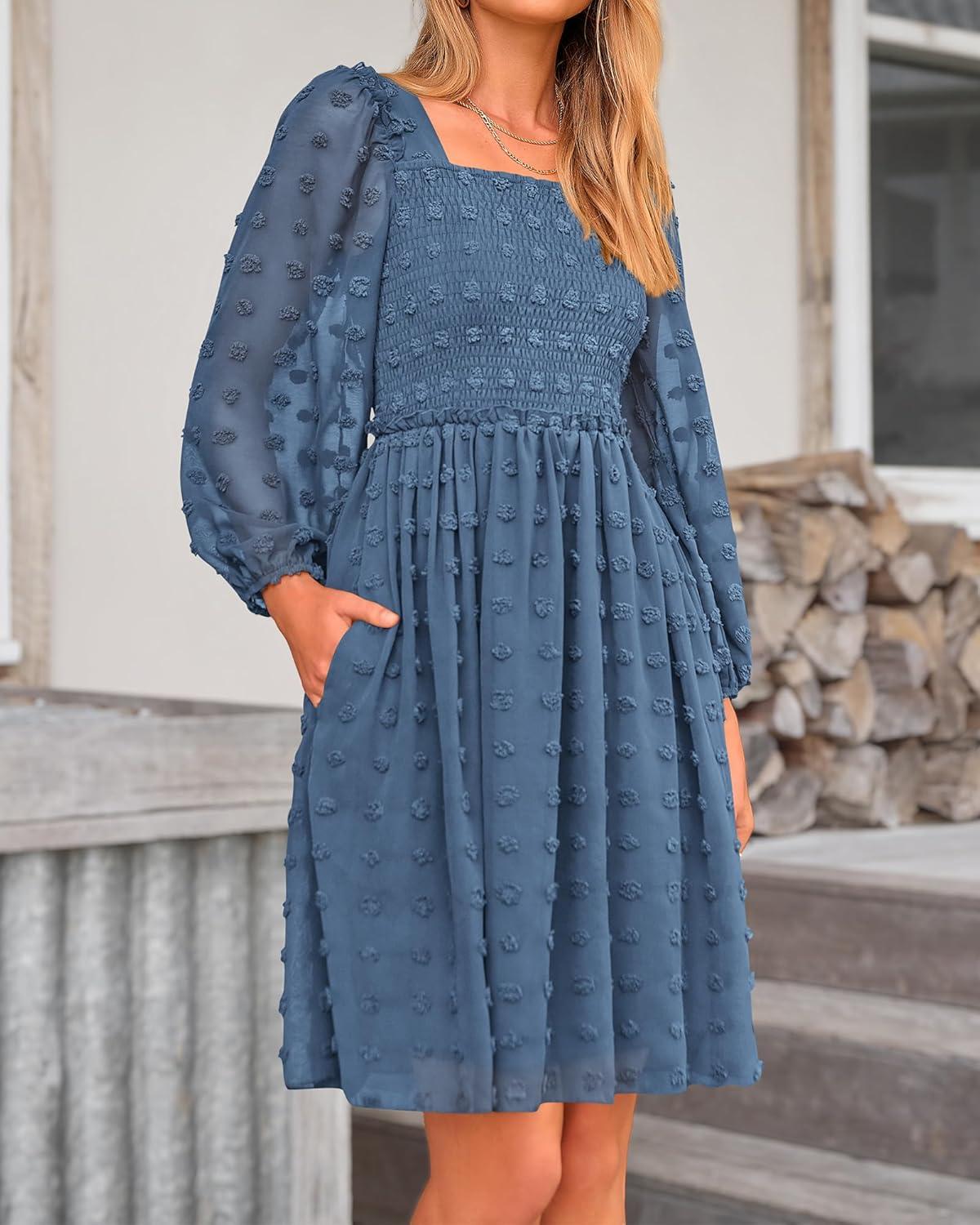 imageBTFBM Women Square Neck Smocked Dresses 2025 Summer Spring Long Sleeve Floral Swiss Dot Mini Boho Wedding Guest DressSwiss Dot Grey Blue