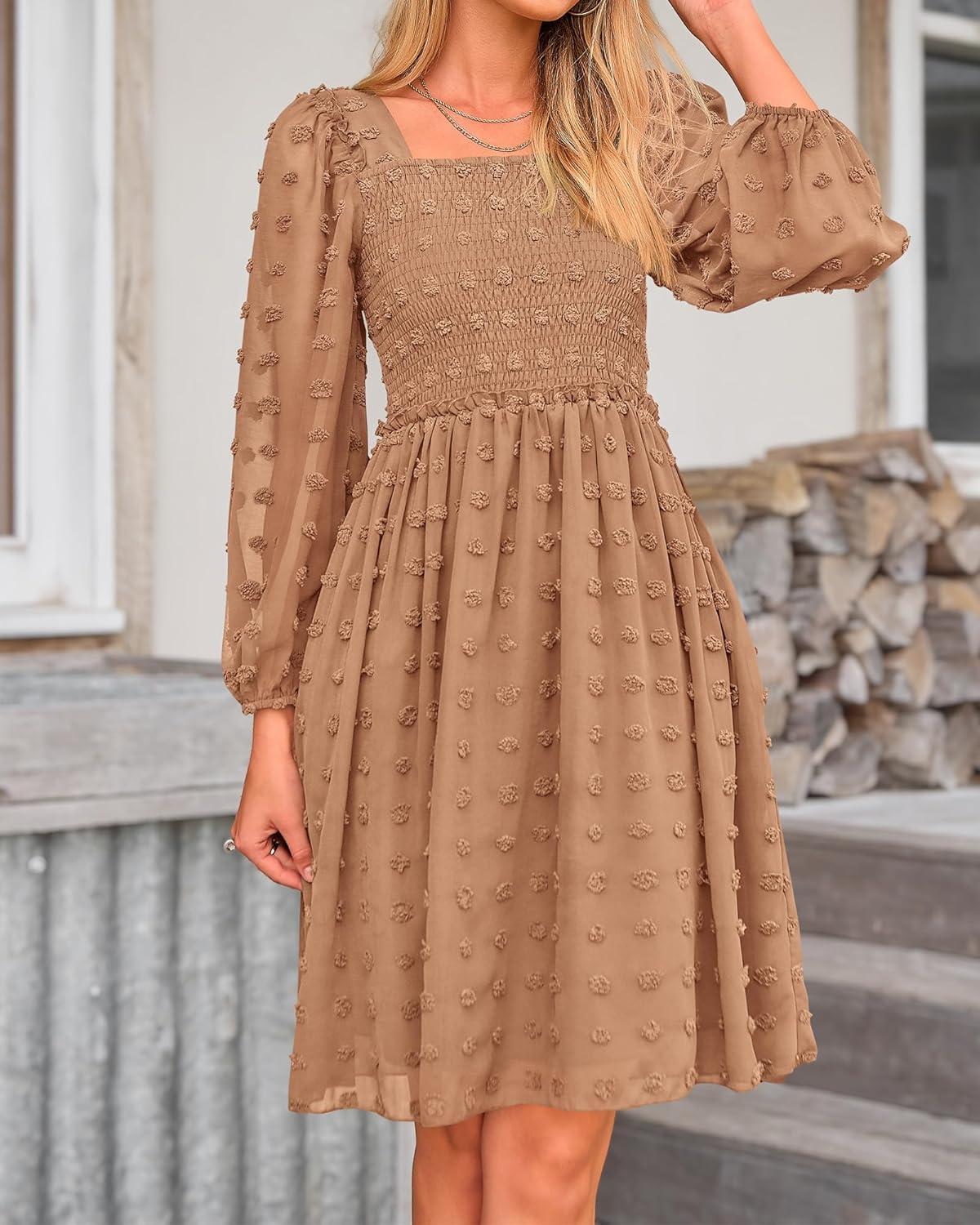 imageBTFBM Women Square Neck Smocked Dresses 2025 Summer Spring Long Sleeve Floral Swiss Dot Mini Boho Wedding Guest DressSwiss Dot Khaki