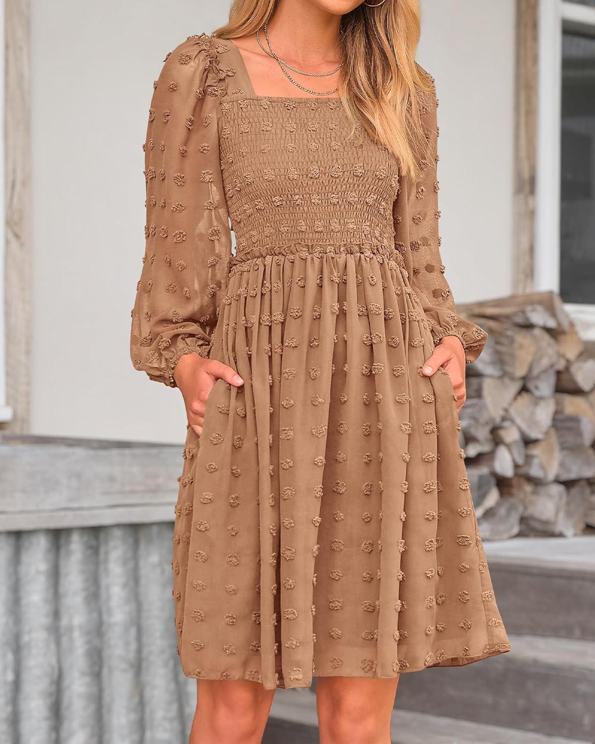 imageBTFBM Women Square Neck Smocked Dresses 2025 Summer Spring Long Sleeve Floral Swiss Dot Mini Boho Wedding Guest DressSwiss Dot Khaki
