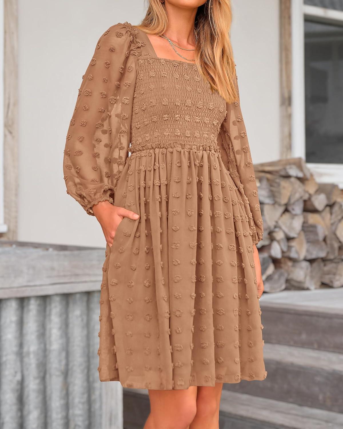 imageBTFBM Women Square Neck Smocked Dresses 2025 Summer Spring Long Sleeve Floral Swiss Dot Mini Boho Wedding Guest DressSwiss Dot Khaki