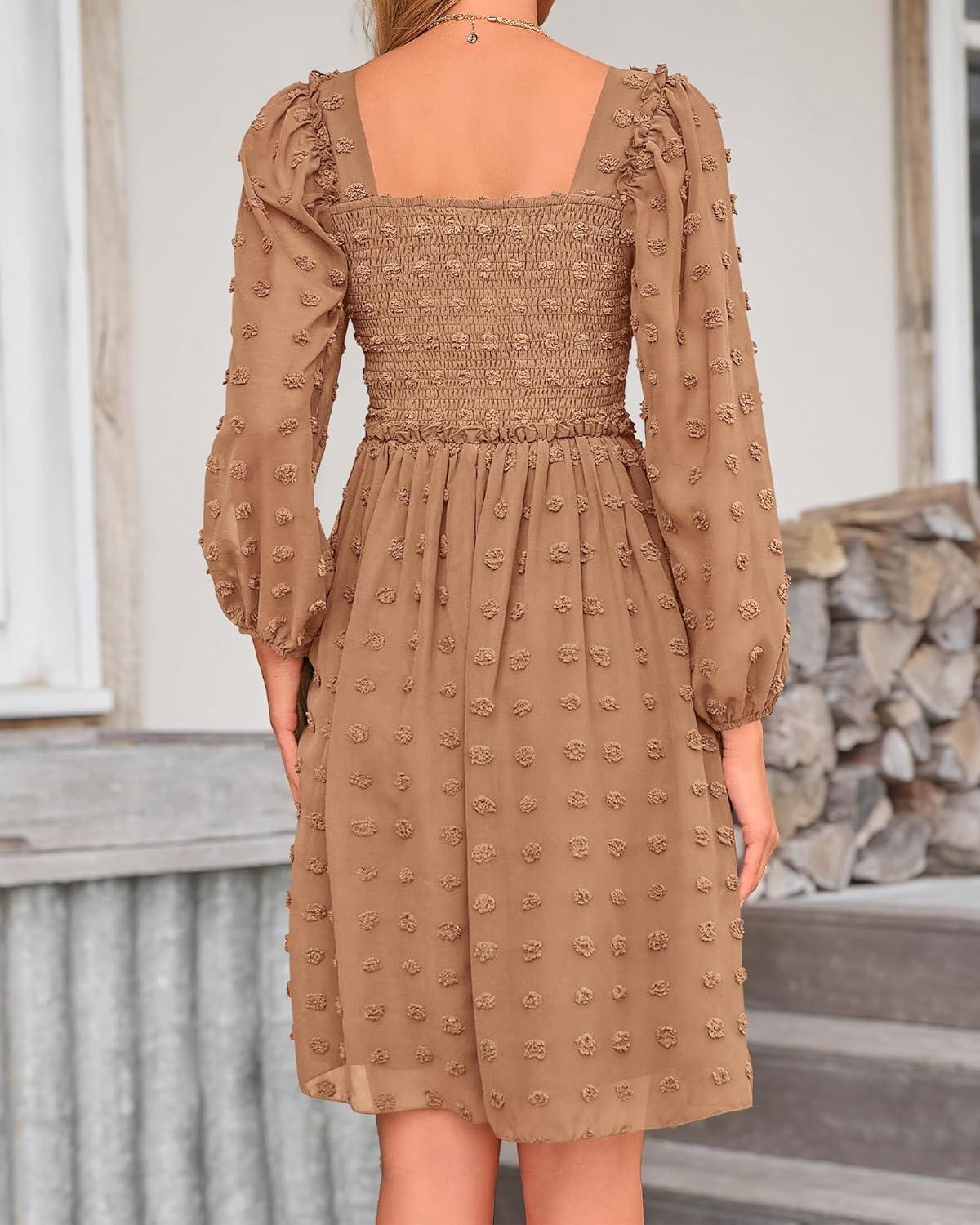 imageBTFBM Women Square Neck Smocked Dresses 2025 Summer Spring Long Sleeve Floral Swiss Dot Mini Boho Wedding Guest DressSwiss Dot Khaki