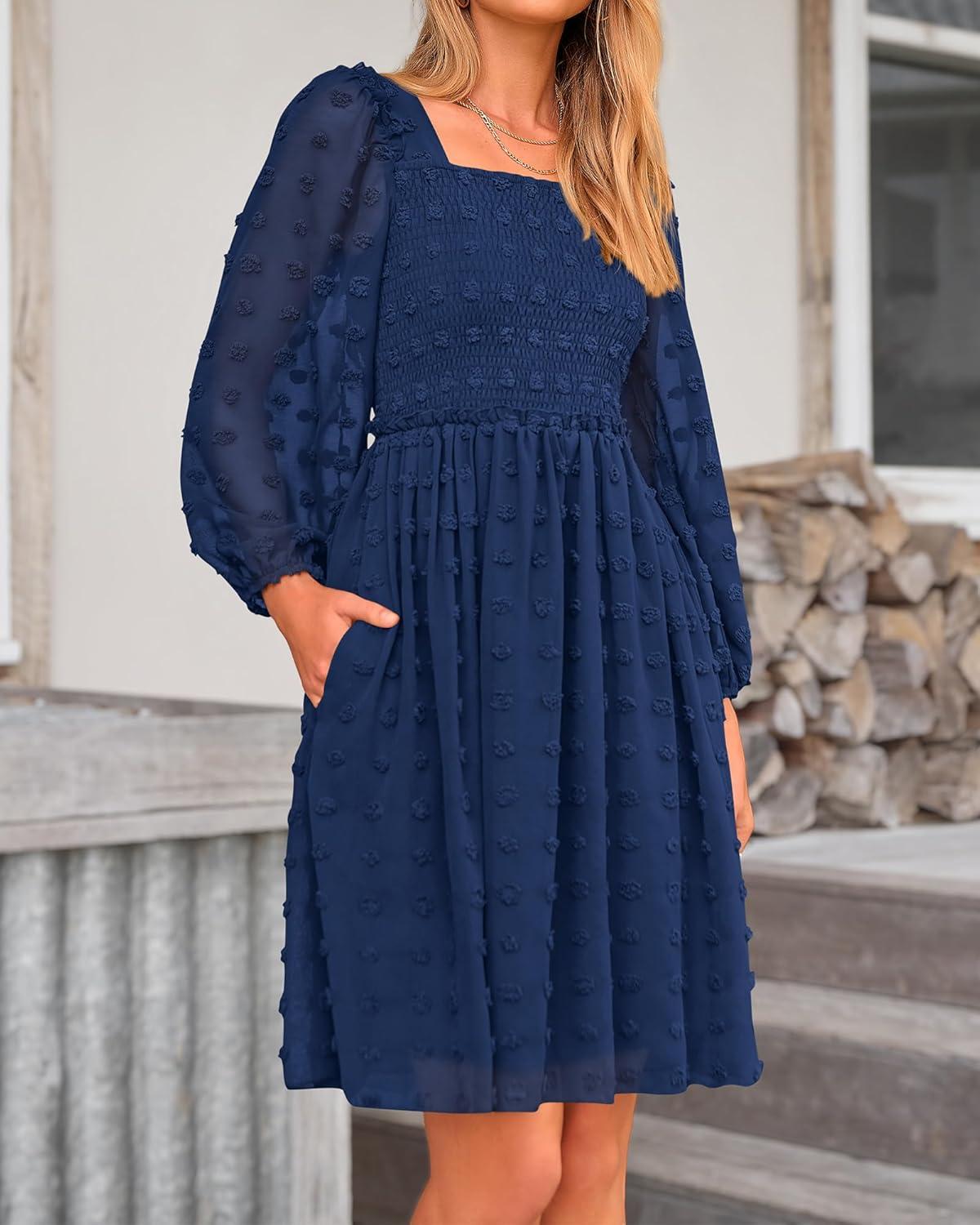 imageBTFBM Women Square Neck Smocked Dresses 2025 Summer Spring Long Sleeve Floral Swiss Dot Mini Boho Wedding Guest DressSwiss Dot Navy