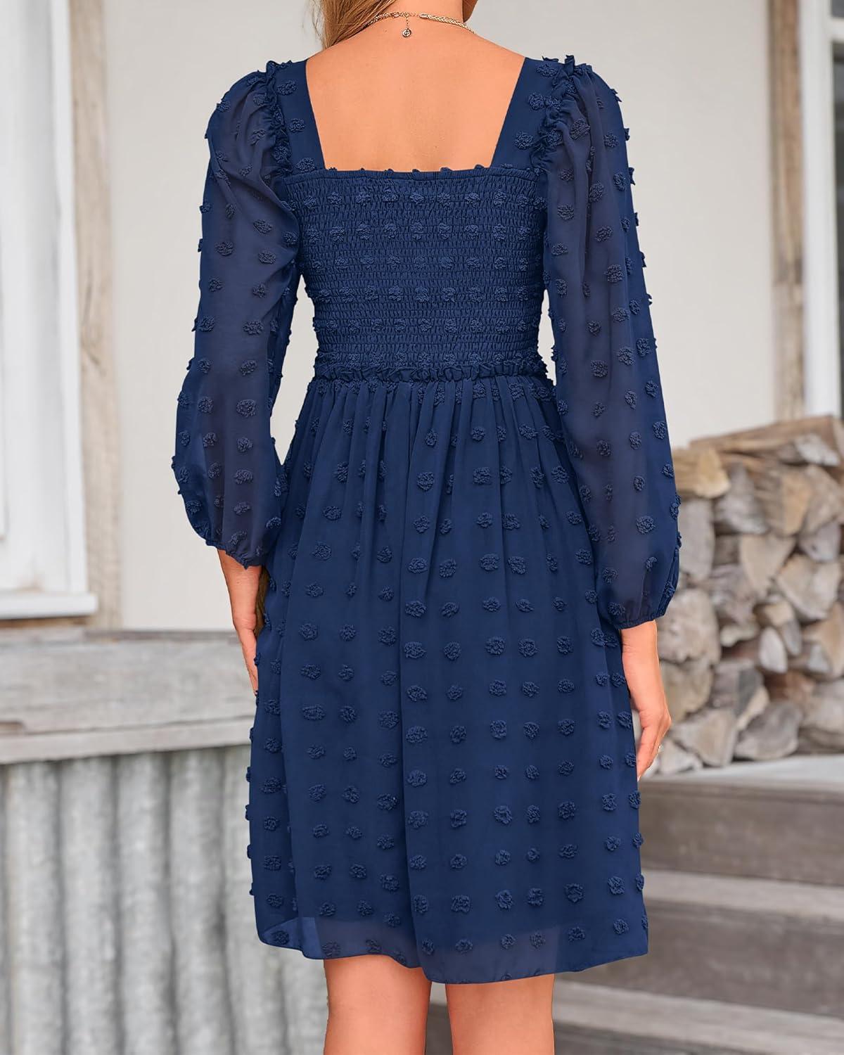 imageBTFBM Women Square Neck Smocked Dresses 2025 Summer Spring Long Sleeve Floral Swiss Dot Mini Boho Wedding Guest DressSwiss Dot Navy