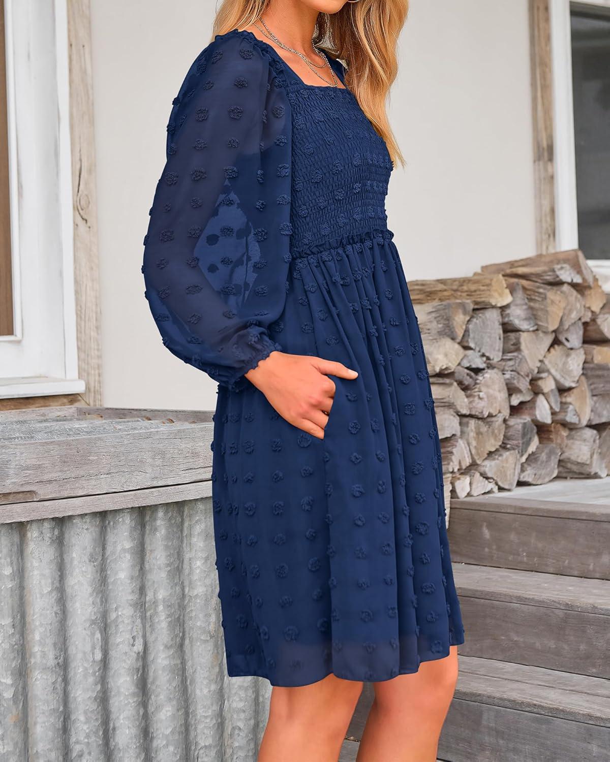 imageBTFBM Women Square Neck Smocked Dresses 2025 Summer Spring Long Sleeve Floral Swiss Dot Mini Boho Wedding Guest DressSwiss Dot Navy