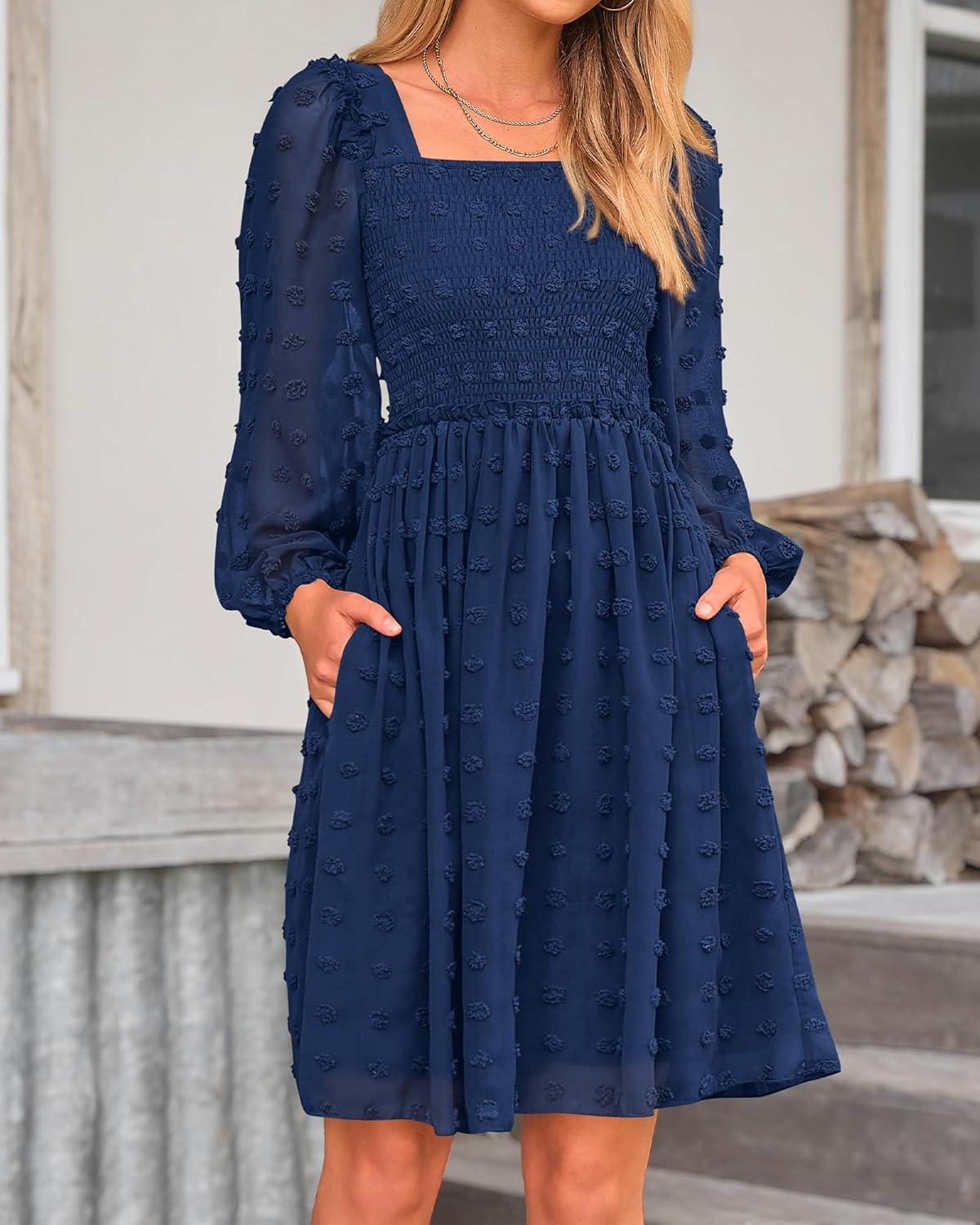 imageBTFBM Women Square Neck Smocked Dresses 2025 Summer Spring Long Sleeve Floral Swiss Dot Mini Boho Wedding Guest DressSwiss Dot Navy