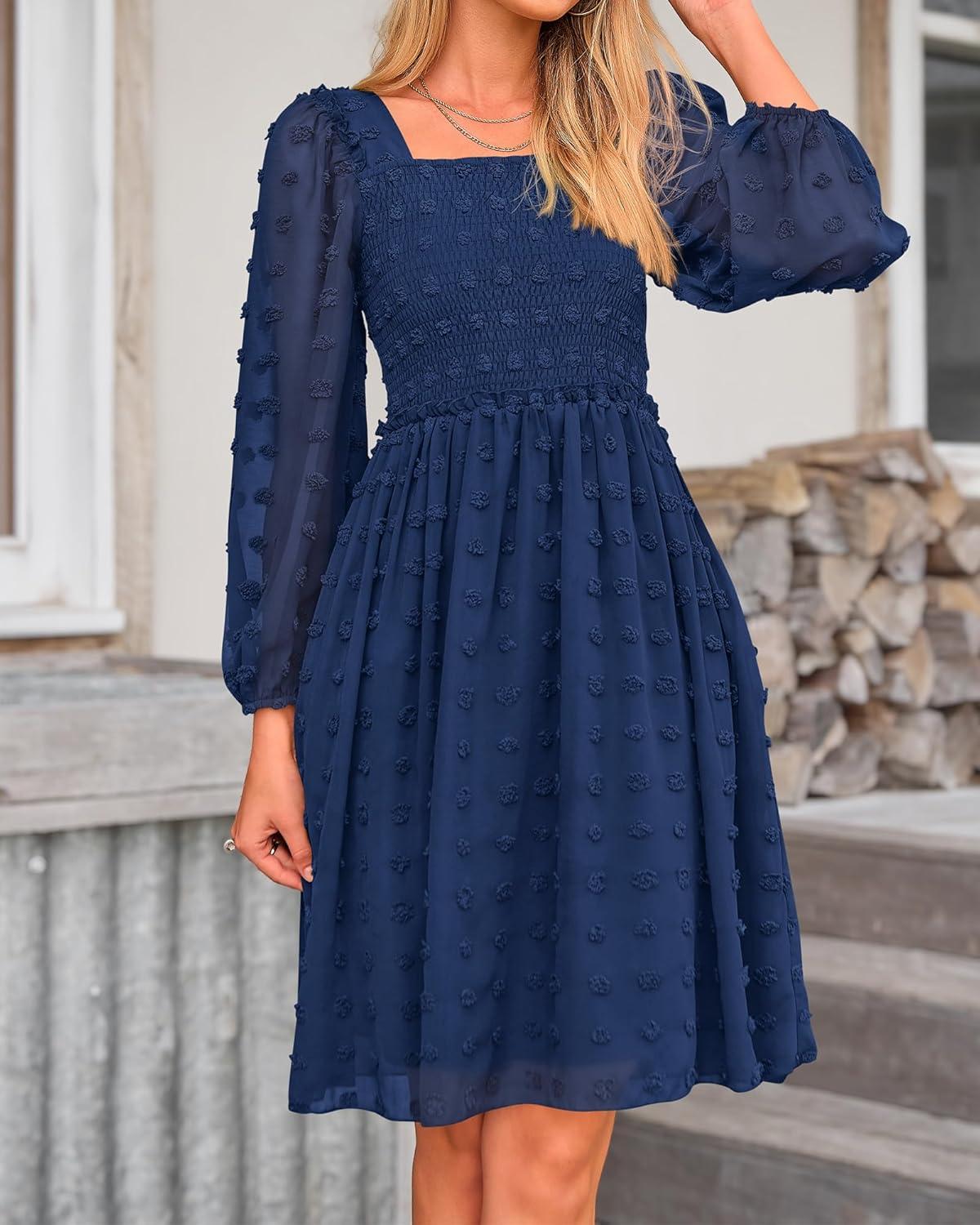imageBTFBM Women Square Neck Smocked Dresses 2025 Summer Spring Long Sleeve Floral Swiss Dot Mini Boho Wedding Guest DressSwiss Dot Navy