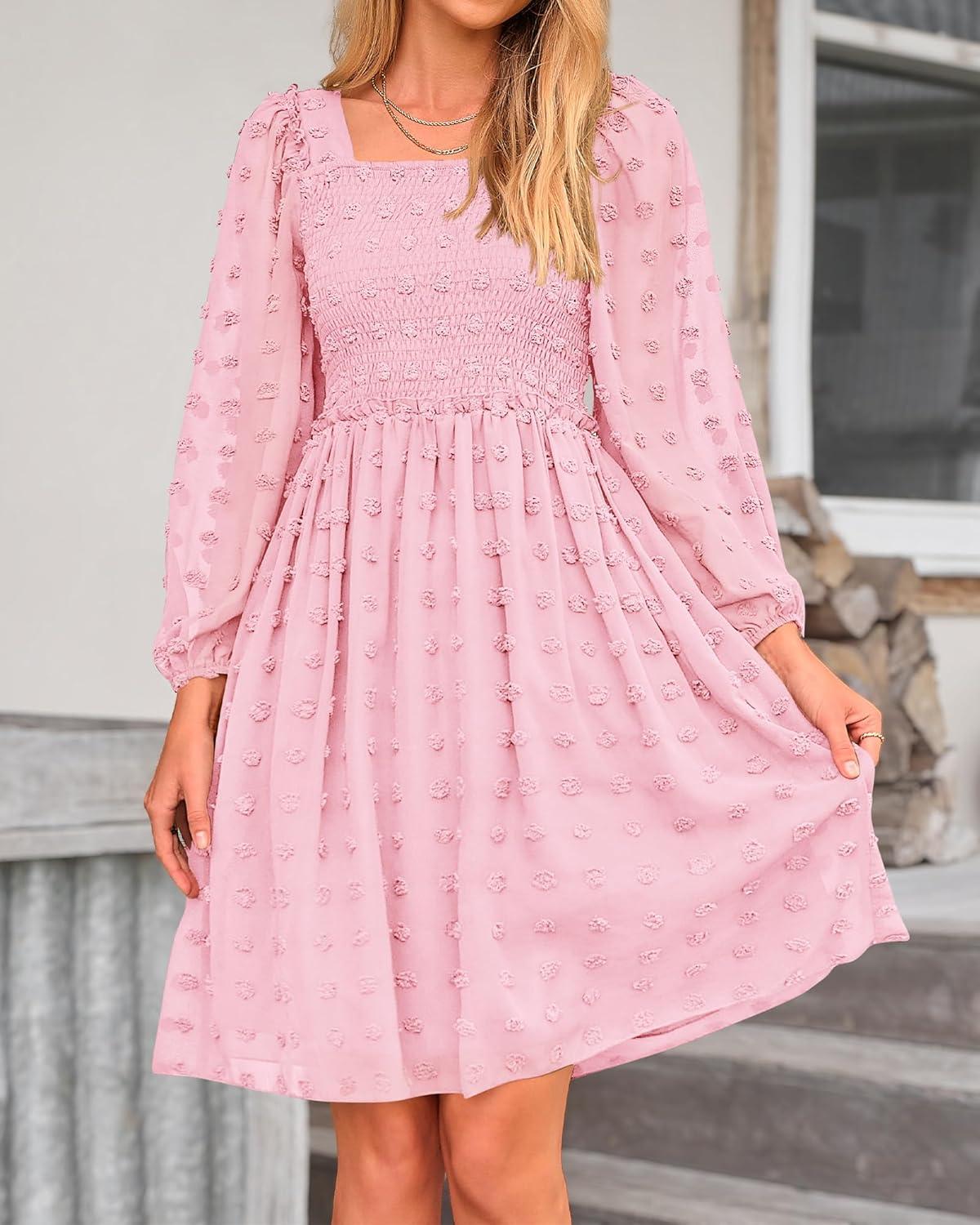 imageBTFBM Women Square Neck Smocked Dresses 2025 Summer Spring Long Sleeve Floral Swiss Dot Mini Boho Wedding Guest DressSwiss Dot Pink