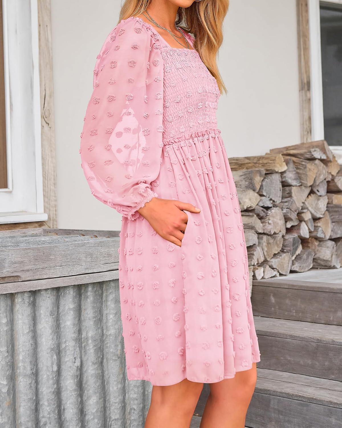 imageBTFBM Women Square Neck Smocked Dresses 2025 Summer Spring Long Sleeve Floral Swiss Dot Mini Boho Wedding Guest DressSwiss Dot Pink
