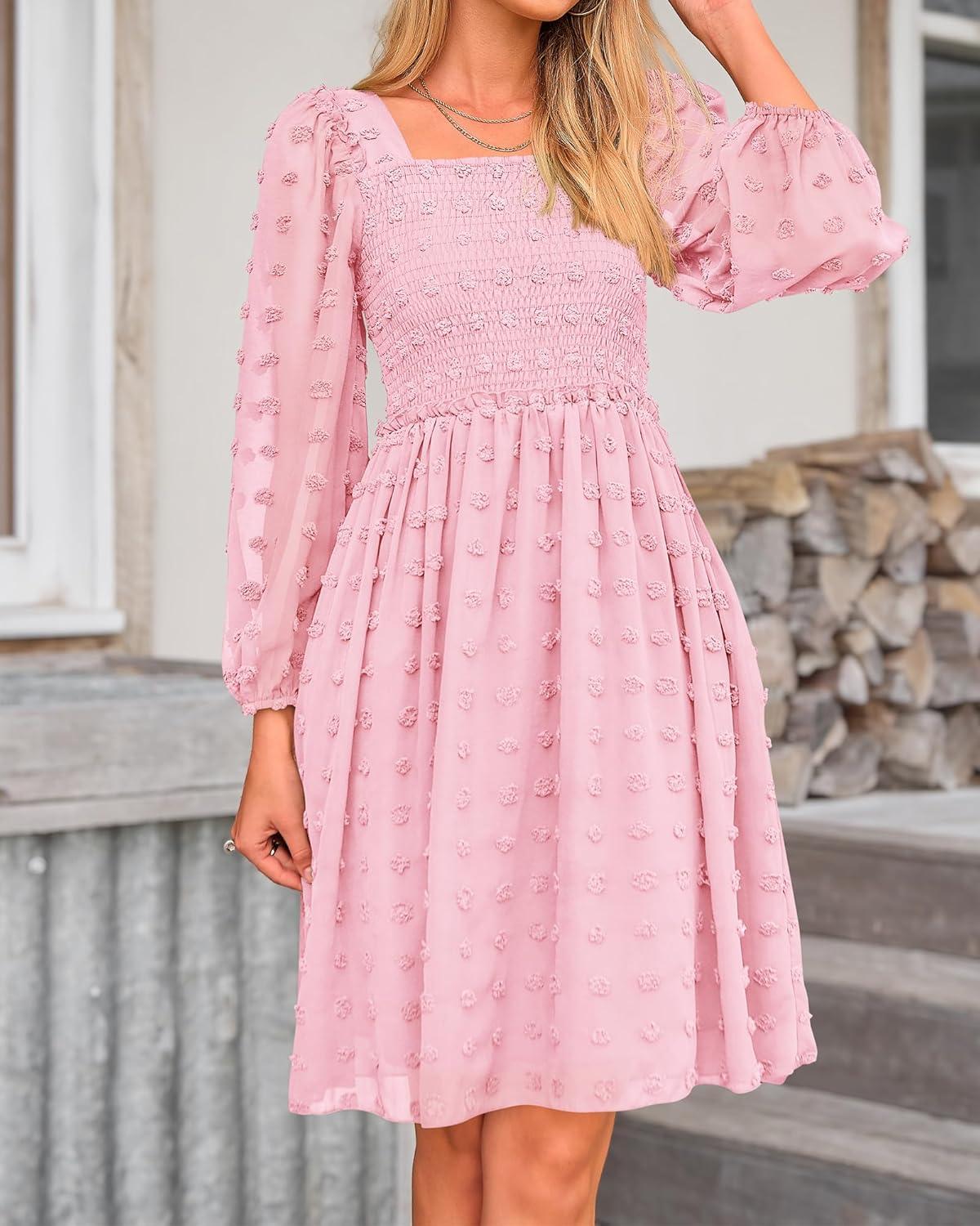 imageBTFBM Women Square Neck Smocked Dresses 2025 Summer Spring Long Sleeve Floral Swiss Dot Mini Boho Wedding Guest DressSwiss Dot Pink