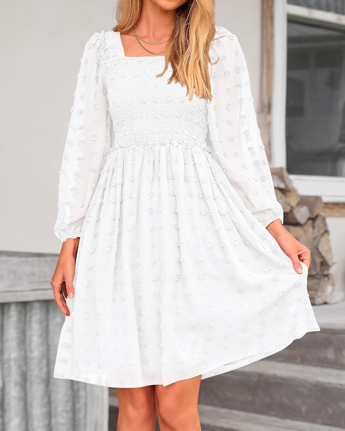imageBTFBM Women Square Neck Smocked Dresses 2025 Summer Spring Long Sleeve Floral Swiss Dot Mini Boho Wedding Guest DressSwiss Dot White