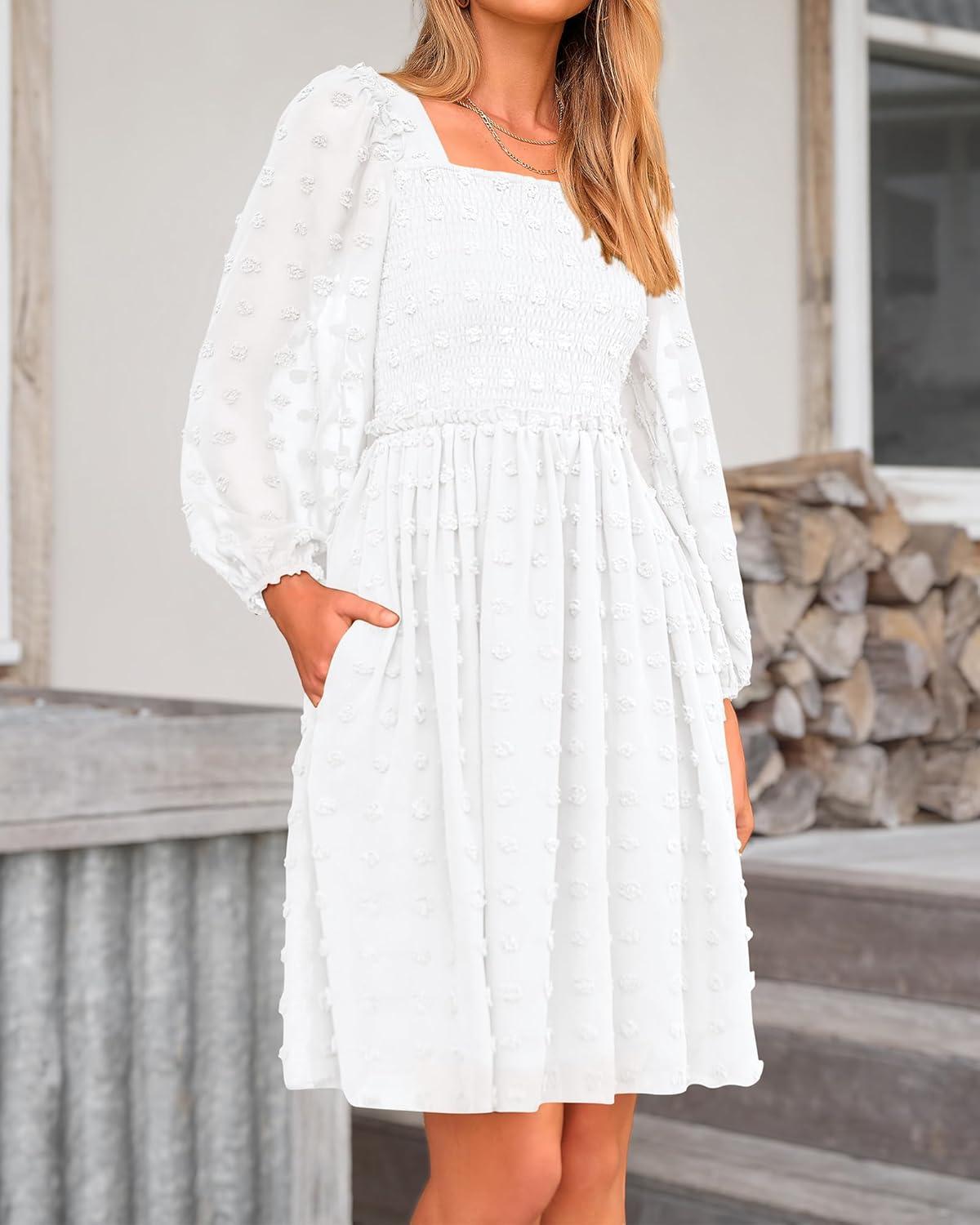 imageBTFBM Women Square Neck Smocked Dresses 2025 Summer Spring Long Sleeve Floral Swiss Dot Mini Boho Wedding Guest DressSwiss Dot White