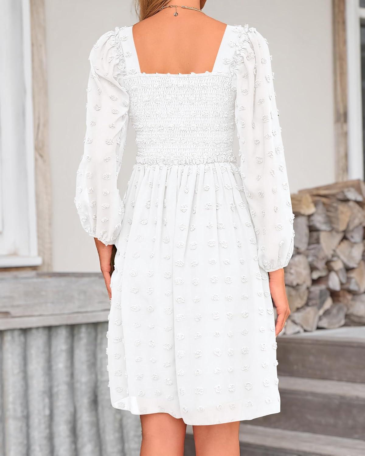 imageBTFBM Women Square Neck Smocked Dresses 2025 Summer Spring Long Sleeve Floral Swiss Dot Mini Boho Wedding Guest DressSwiss Dot White