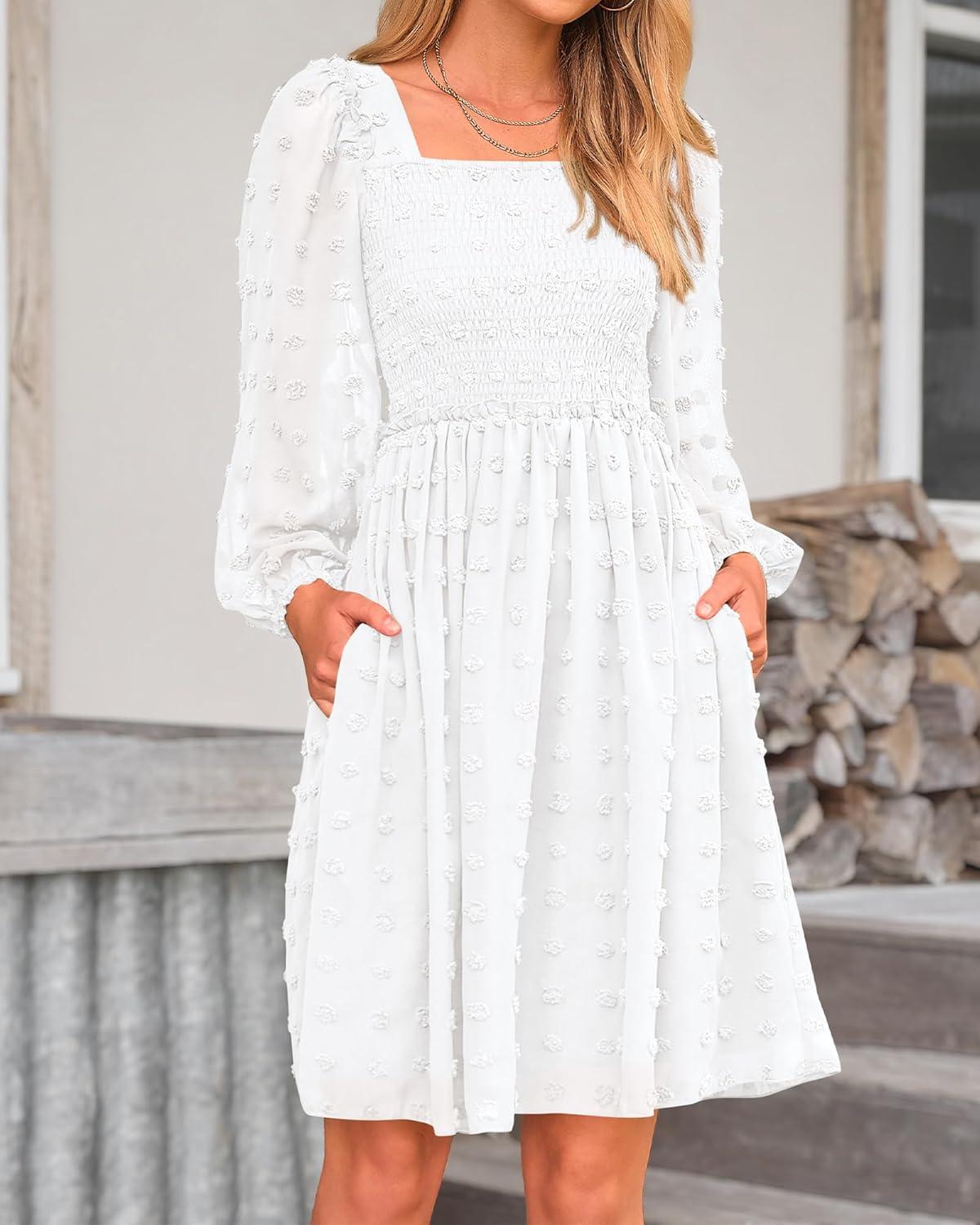 imageBTFBM Women Square Neck Smocked Dresses 2025 Summer Spring Long Sleeve Floral Swiss Dot Mini Boho Wedding Guest DressSwiss Dot White