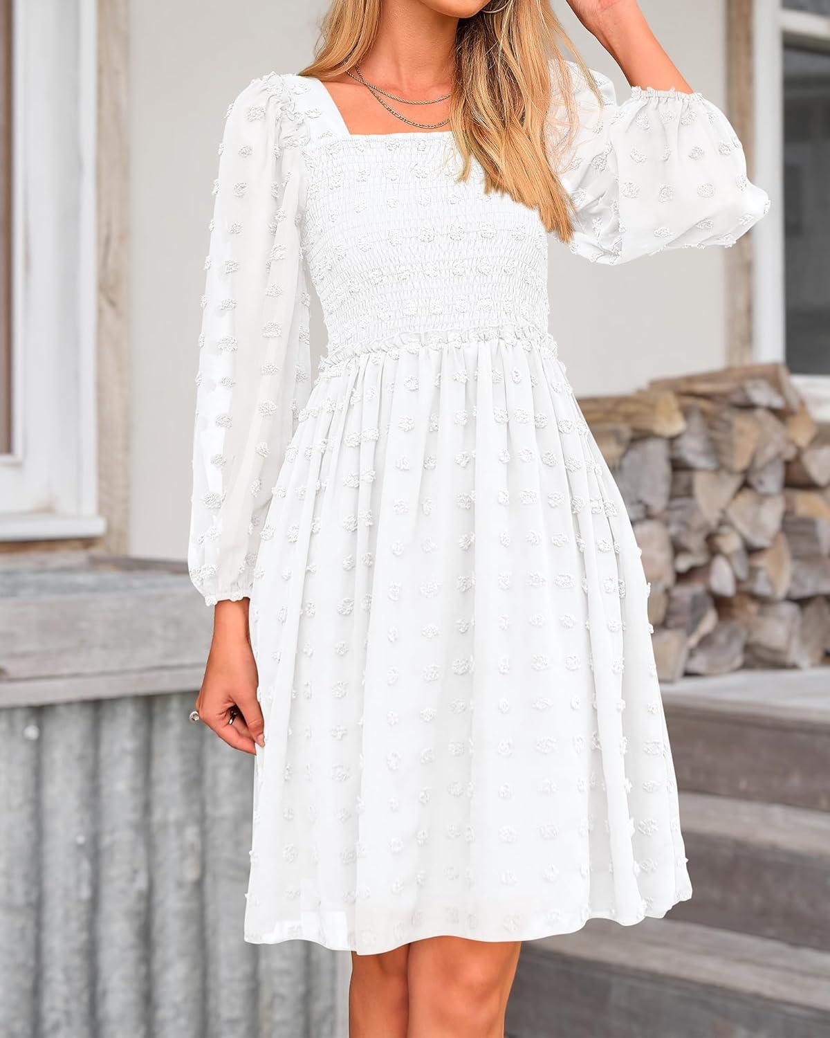 imageBTFBM Women Square Neck Smocked Dresses 2025 Summer Spring Long Sleeve Floral Swiss Dot Mini Boho Wedding Guest DressSwiss Dot White