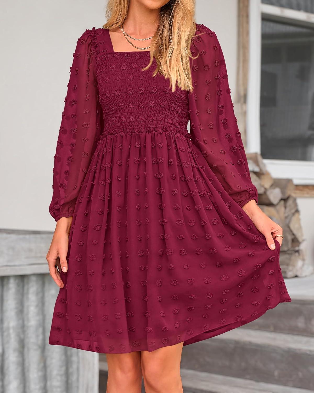 imageBTFBM Women Square Neck Smocked Dresses 2025 Summer Spring Long Sleeve Floral Swiss Dot Mini Boho Wedding Guest DressSwiss Dot Wine Red